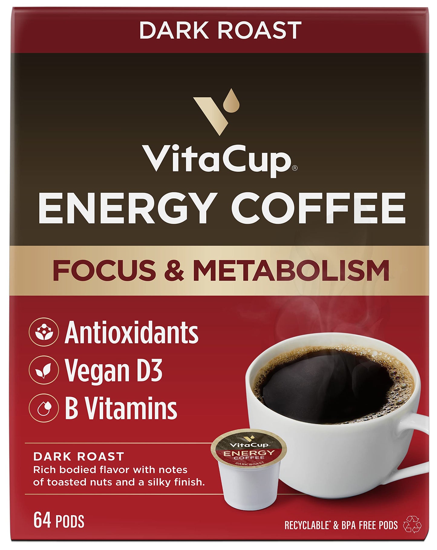 Capsules de café VitaCup Lightning, pour la mémoire et la concentration avec 2X de caféine, grains de café vert, vitamines B, D3, café torréfié foncé et fort, dosettes individuelles recyclables compatibles avec les cafetières Keurig K-Cup, 16 unités 