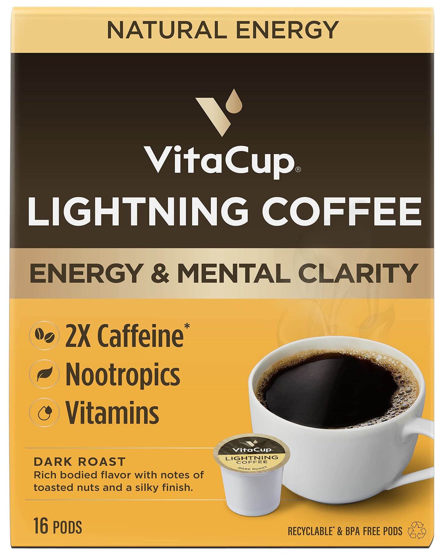 Capsules de café VitaCup Lightning, pour la mémoire et la concentration avec 2X de caféine, grains de café vert, vitamines B, D3, café torréfié foncé et fort, dosettes individuelles recyclables compatibles avec les cafetières Keurig K-Cup, 16 unités 