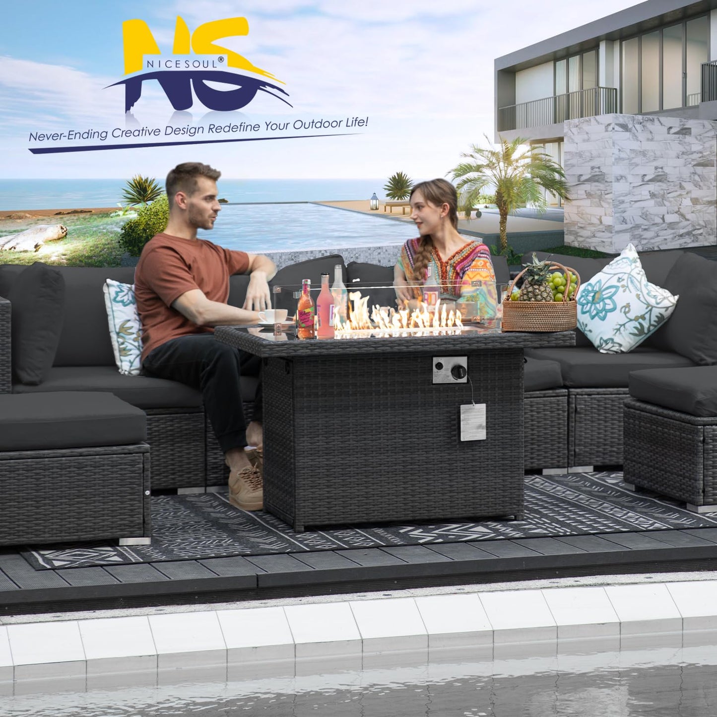 NICESOUL® 13-teiliges großes Luxus-Sofaset für die Terrasse mit Feuerstelle für Erdgas/Propan, 74 cm hohe Rückenlehne, Garten-Sitzgruppe, Gartensofa aus PE-Rattan, dunkelgrau 