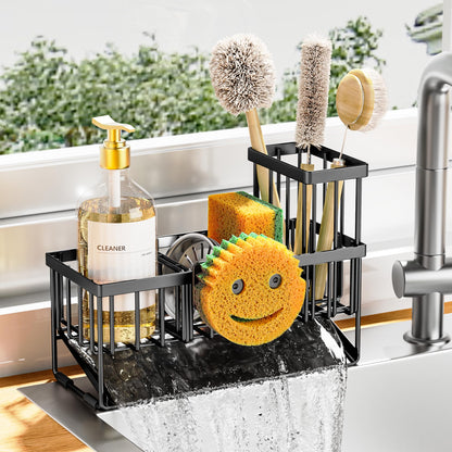 Kitchen Sink Caddy Organzier with High Brush Holder, Sponge Holder for Sink, 304 Rustproof Stainless, Kitchen Countertop Soap Dispenser Organizer, Kitchen Decor and Accessories