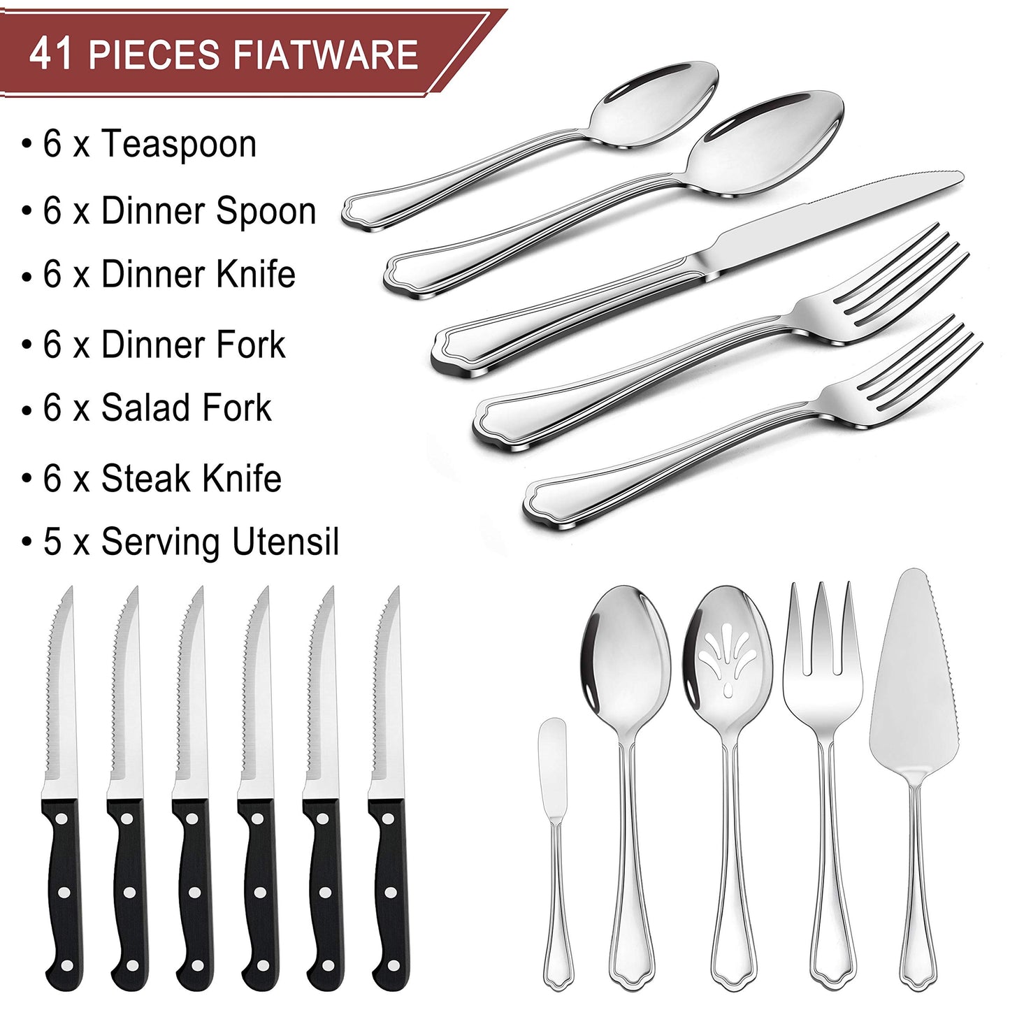 LIANYU 41-Piece Silverware Flatware Set for 6, Plus Steak Knives and Serving Utensils, Stainless Steel Flatware Cutlery Set, Eating Utensils Tableware with Scalloped Edge, Dishwasher Safe