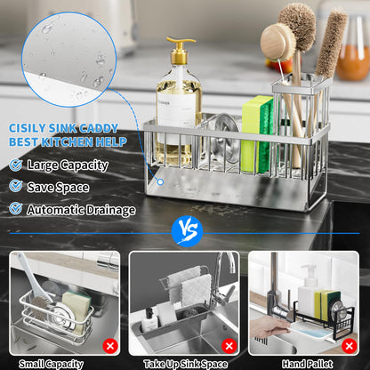 Kitchen Sink Caddy Organzier with High Brush Holder, Sponge Holder for Sink, 304 Rustproof Stainless, Kitchen Countertop Soap Dispenser Organizer, Kitchen Decor and Accessories
