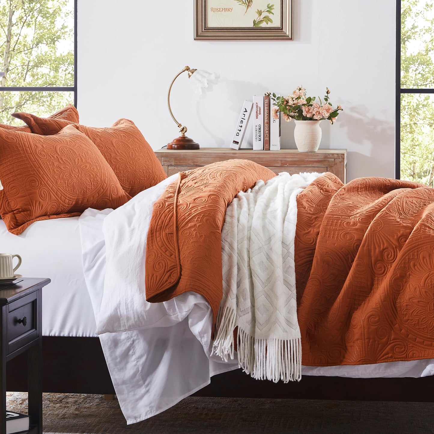 Anluoer Quilt Twin Size Bedding Set-Burnt Orange Embossed, Bedspreads-Lightweight Summer Soft Microfiber Bedspread, Bed Coverlet for All Seasons (1 Quilt, 1 Pillow Sham)