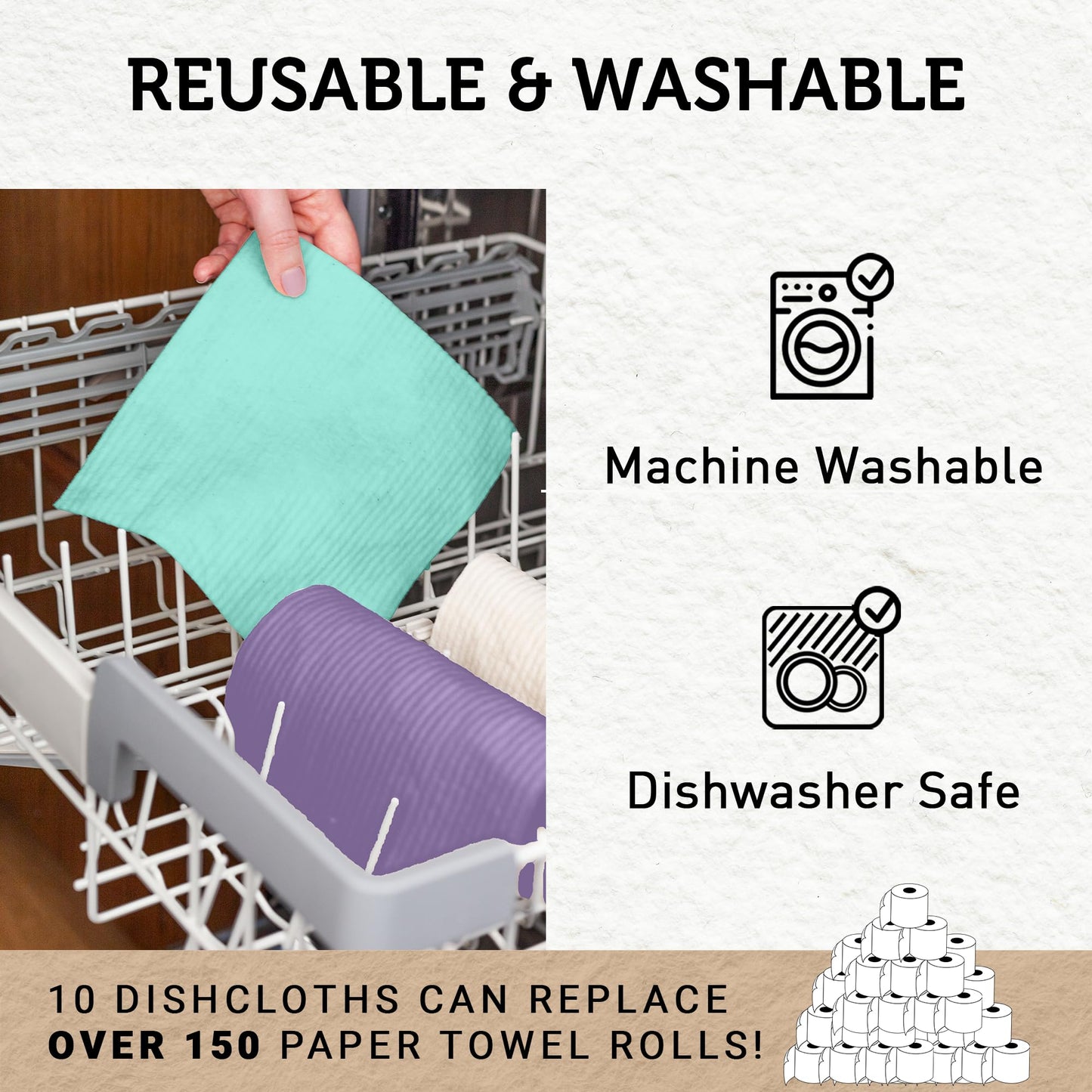 Nordhus Design Swedish Dishcloths for Kitchen, 10 Cloths, Made in Sweden - Reusable, Washable Cellulose Cotton Kitchen Cloths - Replace Paper Towels, Wipes, Sponges, Dish Rags