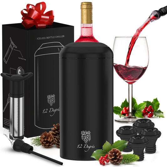 Wine Chiller Set - Perfect Wine Gifts for Women & Men - Stainless Steel Insulated Wine Cooler with Wine Pump, Aerator & 4 Stoppers (Black)