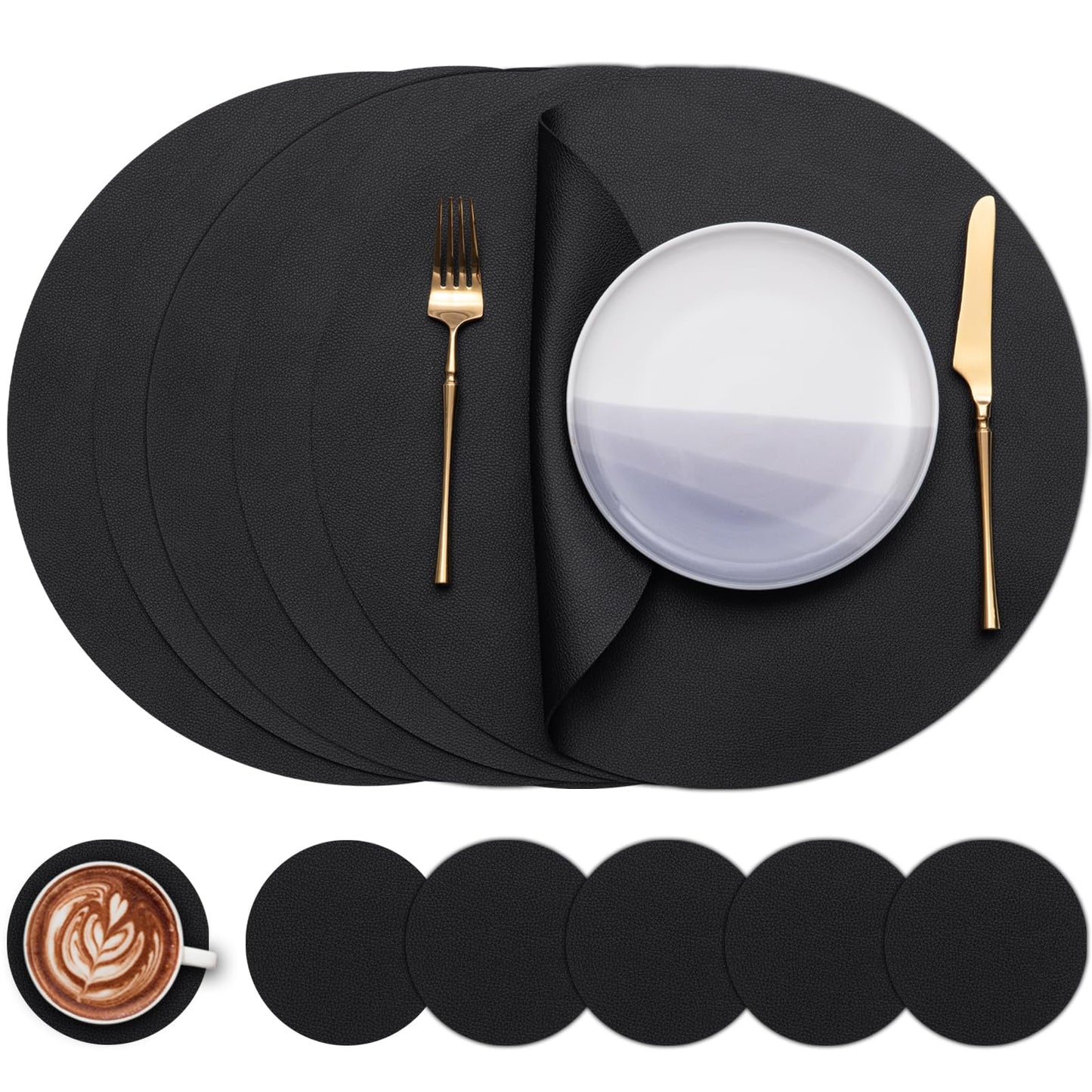 Myir JUN Round Table Placemats Set of 4 Faux Leather Place Mats and Coasters 15 inch Round Placemats Dual Sided Placemats Non-Slip Placemats Stain Resistant Placemats (Gray & Yellow, Set of 4)