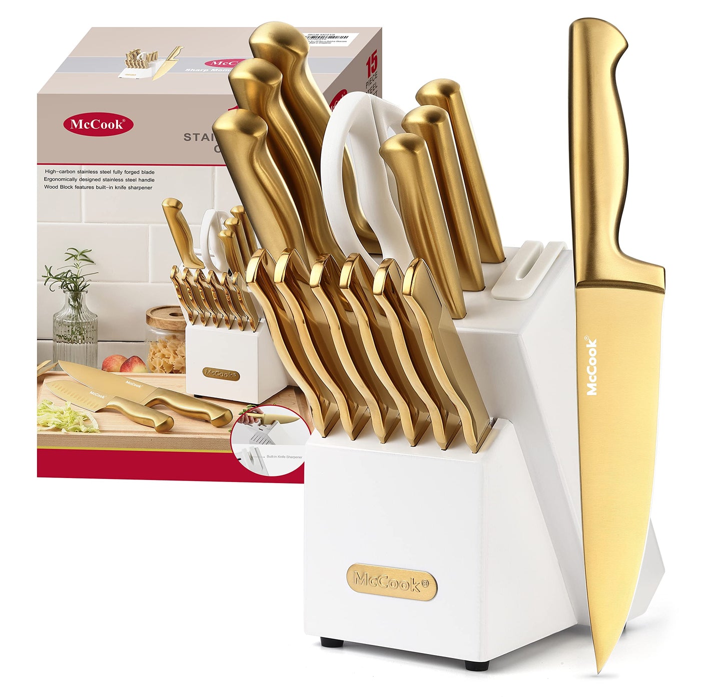 McCook® Knife Sets, Golden Titanium Stainless Steel Kitchen Knife Block Sets with Built-in Sharpener