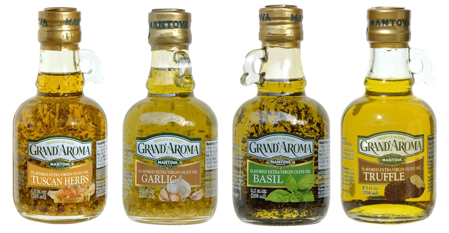 Huiles d'olive extra vierges aromatisées Mantova Grand'Aroma, coffret cadeau varié, fabriquées en Italie, pressées à froid, 100 % naturelles, bonnes pour le cœur, pour griller, faire des barbecues, fumer et cuisiner, 250 ml (lot de 4) 