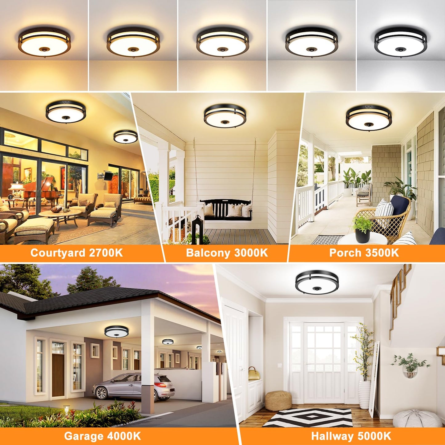 Motion Sensor LED Ceiling Light – Adjustable Color Temp, Outdoor Flush Mount