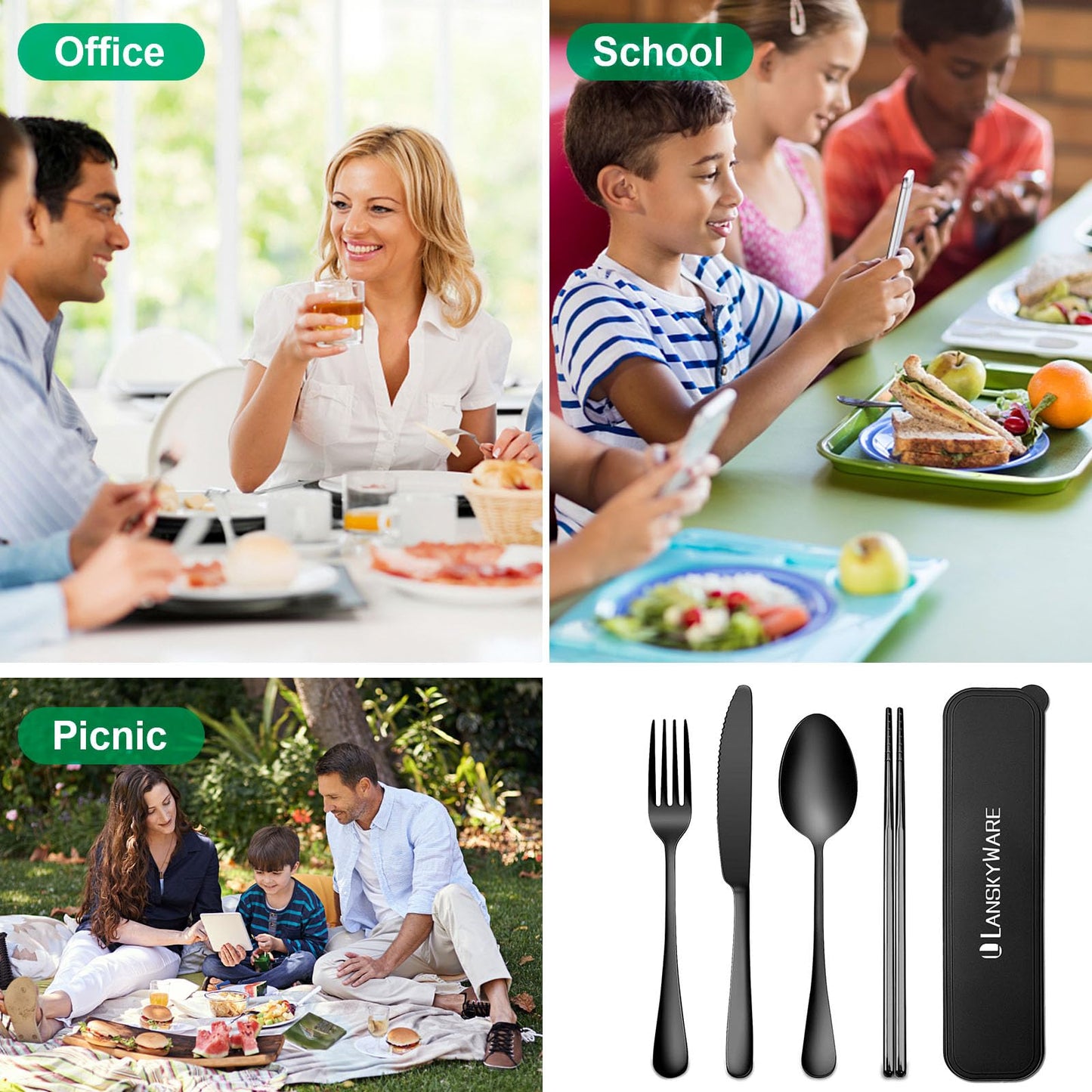 Portable Travel Utensils Set, 18/8 Stainless Steel 3 PCS Cutlery Set Including Knife Fork and Spoon, Reusable Travel Silverware Set with Case for Lunch Box Camping School Office