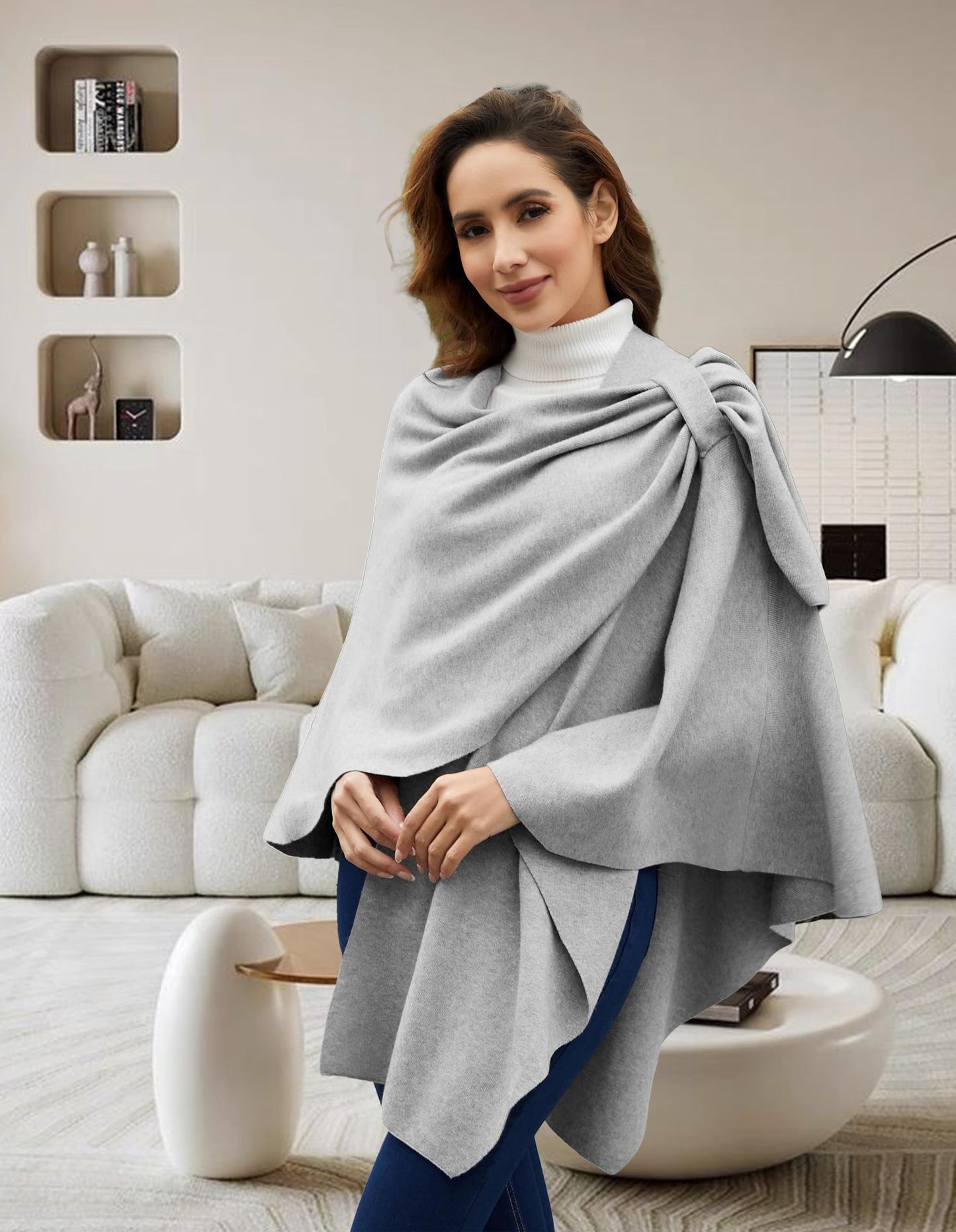 PULI Femmes Grand Poncho Croisé Sur Le Devant Pull Enveloppant Topper Tricoté Élégant Châles Cape pour l'Automne Hiver