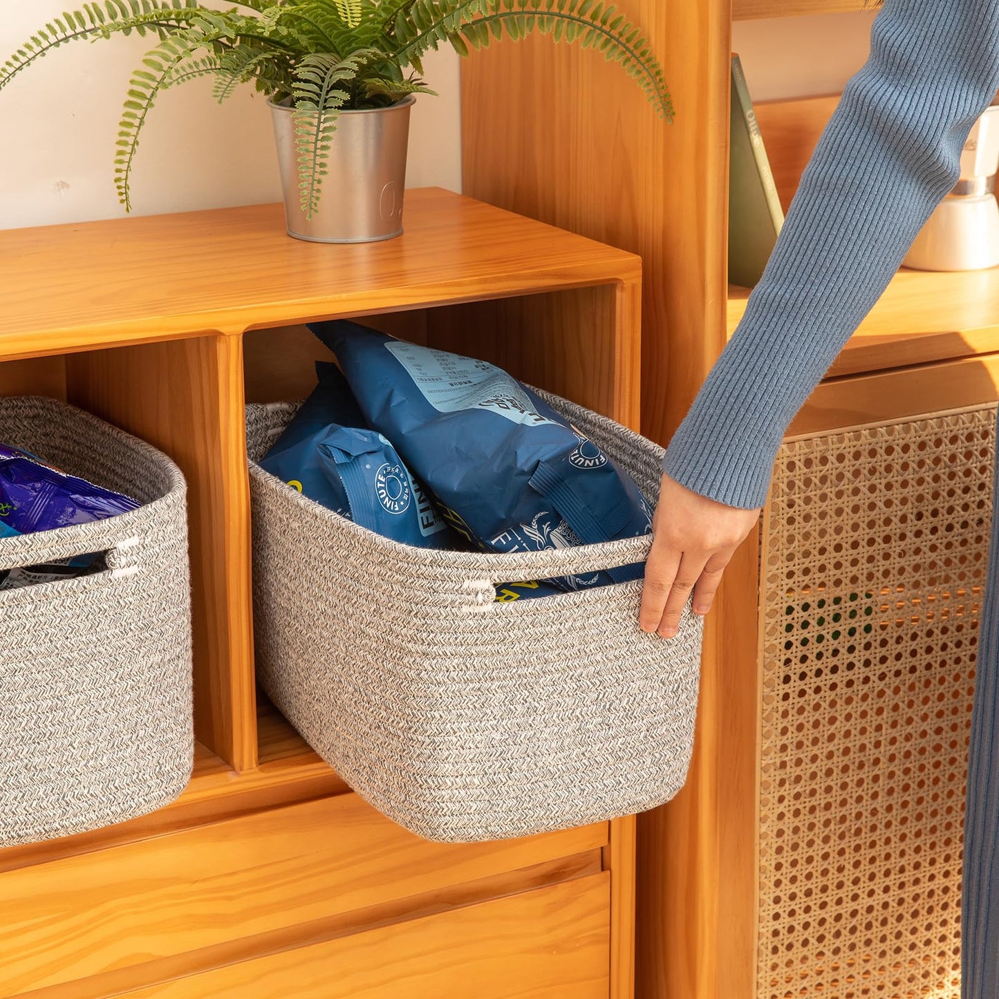 OIAHOMY 4 Pack Storage Baskets for Organizing, Cube Storage Bins for Shelves, Rectangle Storage Baskets With Handles, Woven Baskets for Storage, 12.7''Lx9''Wx7.8''H, Black