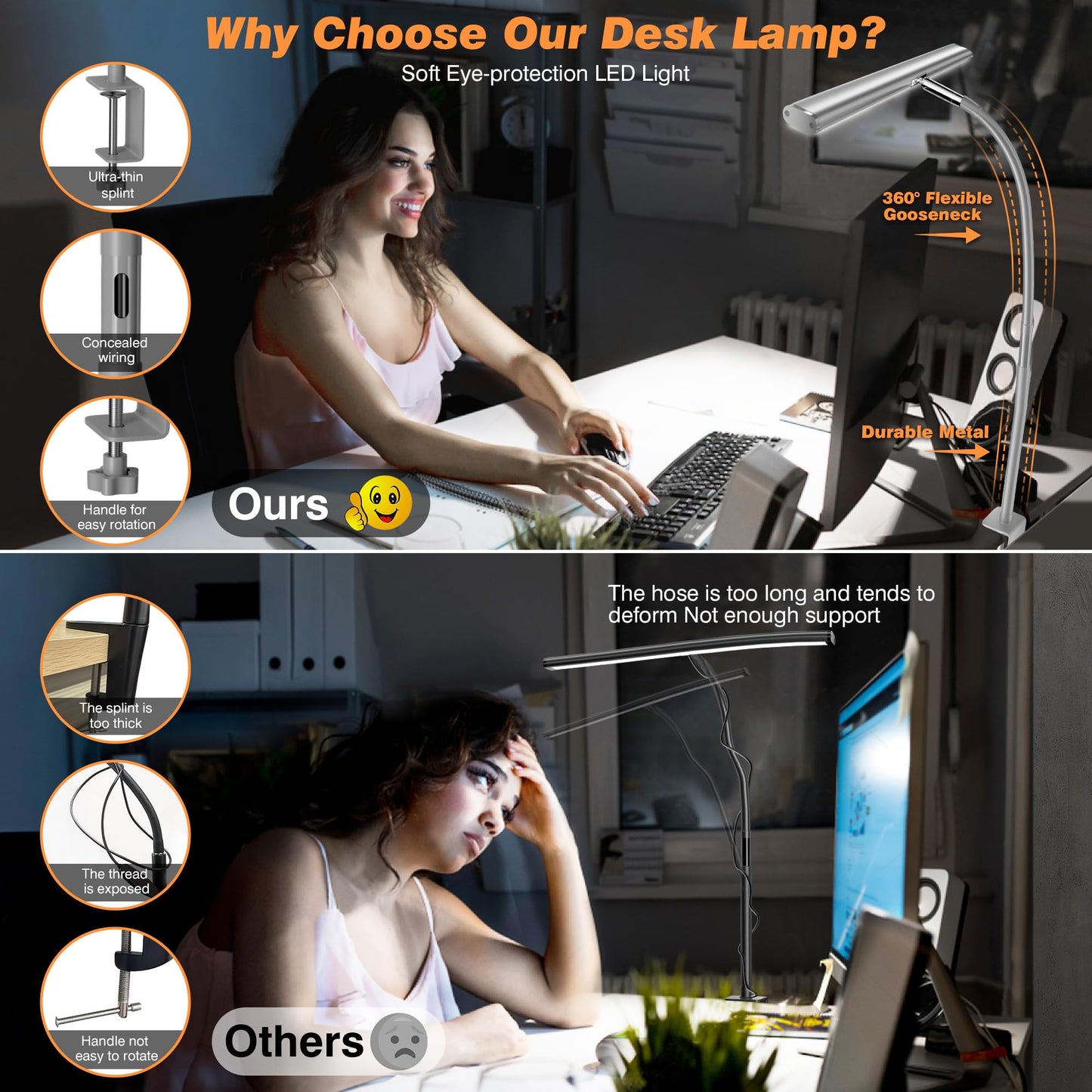 Lampe de bureau LED pour bureau à domicile, lampe de bureau respectueuse des yeux avec gradation continue, col de cygne flexible réglable, adaptateur USB 10 W, lampe de bureau avec pince pour lecture, étude, établi (noir) 