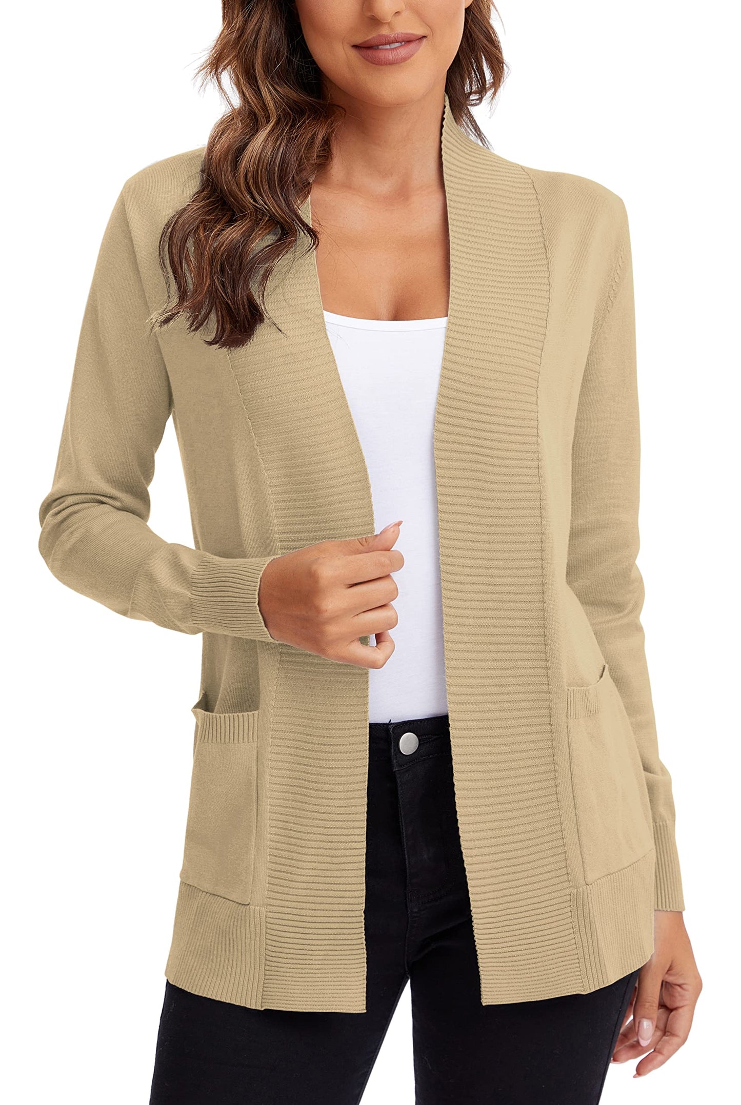 Urban CoCo Women's Lightweight Open Front Knit Cardigan Sweater Long Sleeve with Pocket