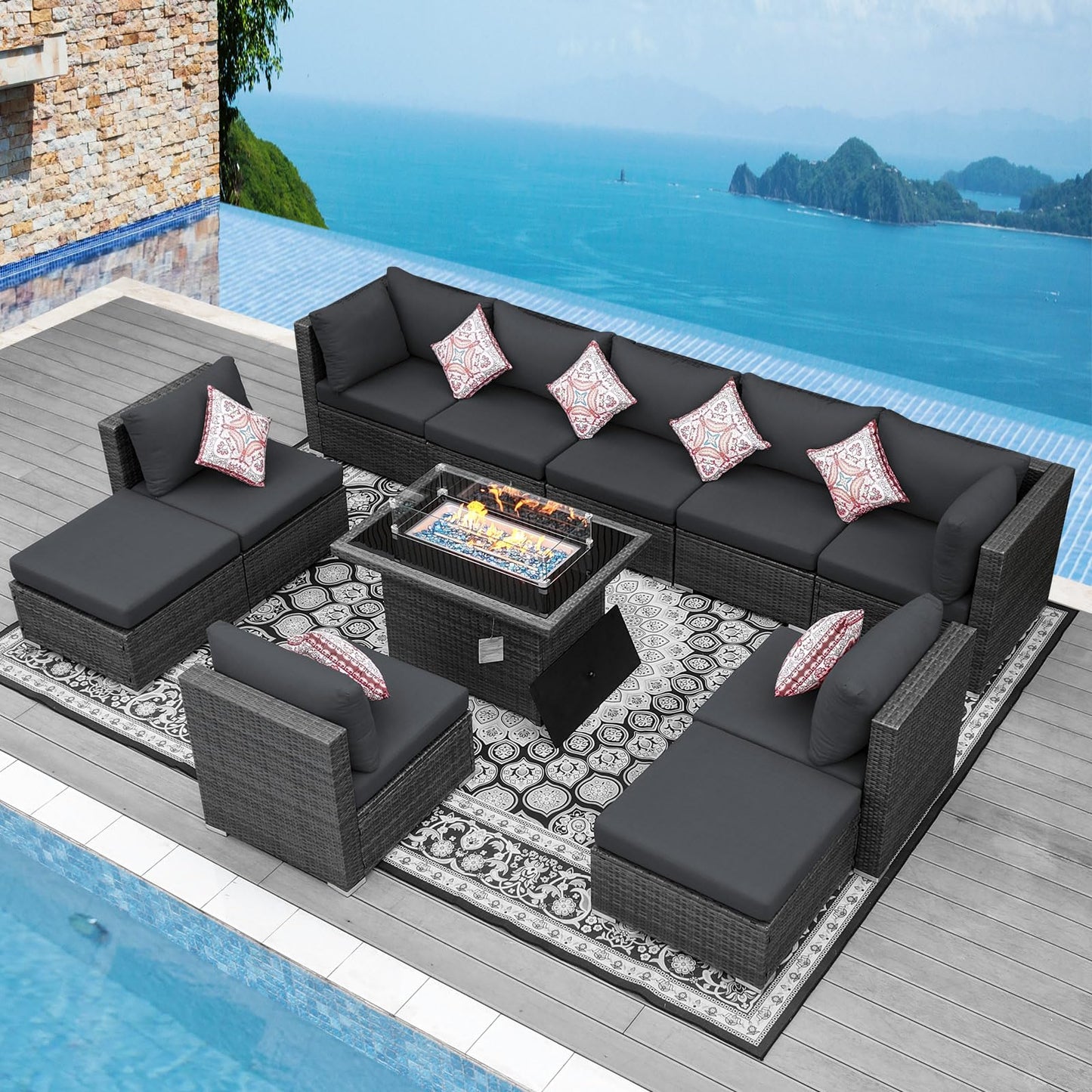 NICESOUL® 13-teiliges großes Luxus-Sofaset für die Terrasse mit Feuerstelle für Erdgas/Propan, 74 cm hohe Rückenlehne, Garten-Sitzgruppe, Gartensofa aus PE-Rattan, dunkelgrau 