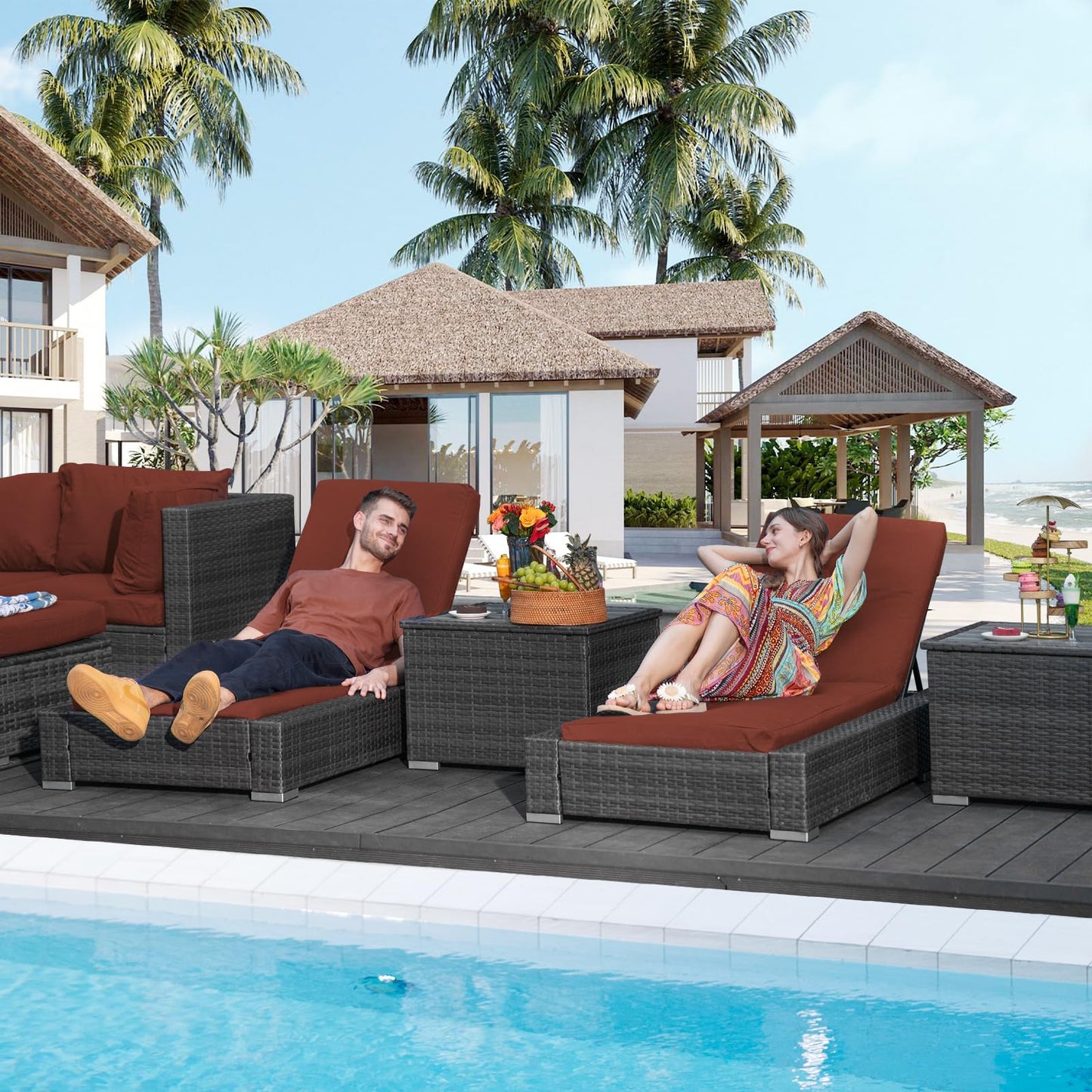 NICESOUL® 13-teiliges großes Luxus-Sofaset für die Terrasse mit Feuerstelle für Erdgas/Propan, 74 cm hohe Rückenlehne, Garten-Sitzgruppe, Gartensofa aus PE-Rattan, dunkelgrau 