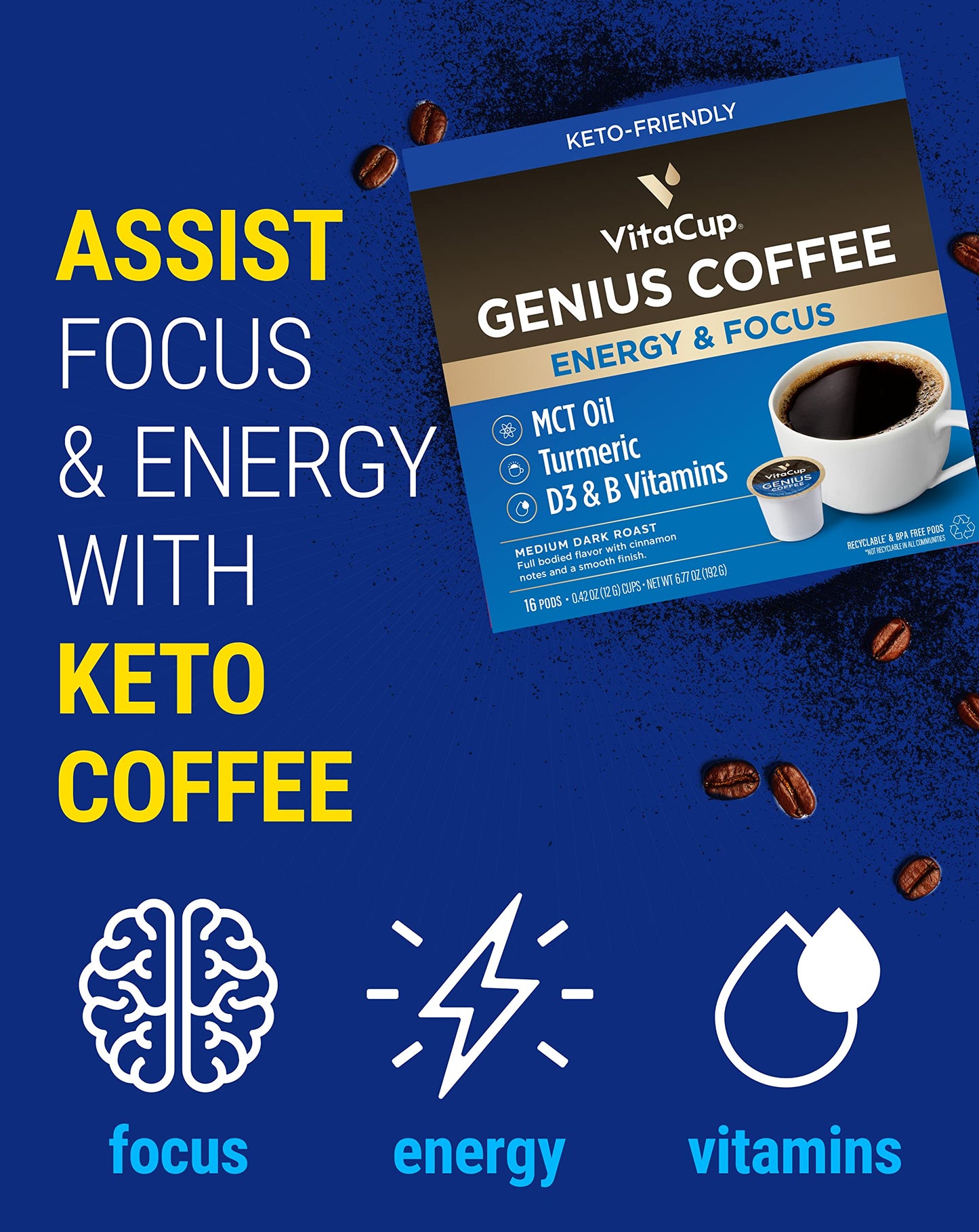 Capsules de café VitaCup Lightning, pour la mémoire et la concentration avec 2X de caféine, grains de café vert, vitamines B, D3, café torréfié foncé et fort, dosettes individuelles recyclables compatibles avec les cafetières Keurig K-Cup, 16 unités 