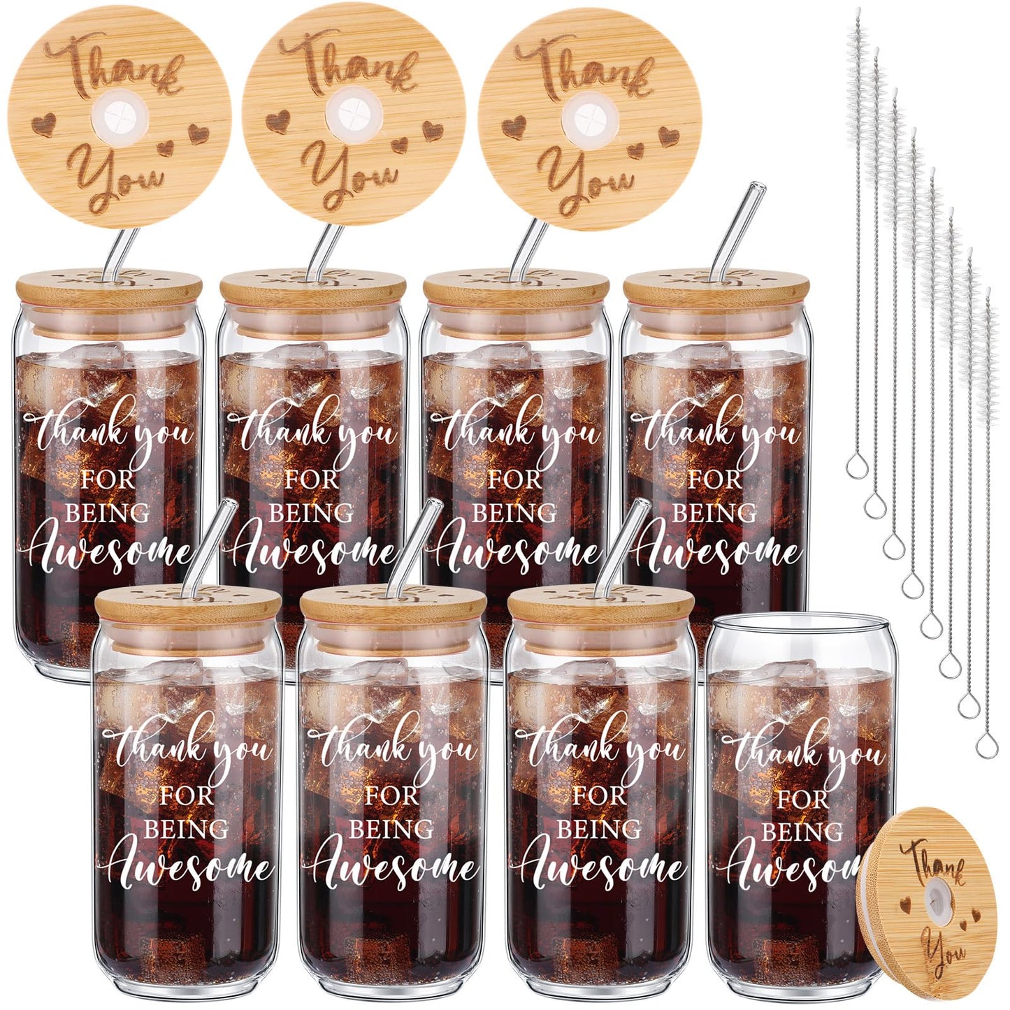 Tioncy 8 Pcs Team Gifts for Employees Thank You Gifts Teacher Staff Appreciation Gifts 16oz Can Shaped Beer Glass with Bamboo Lids Straws Brushes Drinking Glass Cups for Women Men Coworkers Member