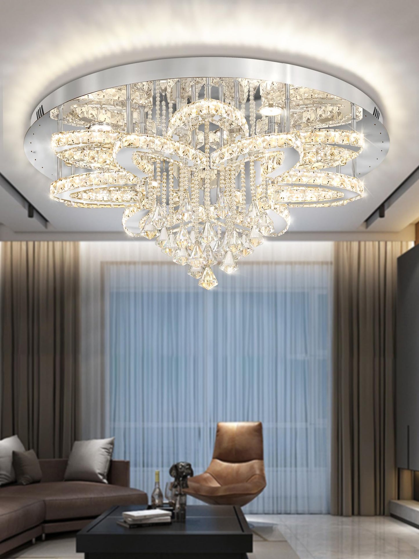 Flashing God W40 Modern Crystal Chandelier for Living Room Crystal Flush Mount LED Gold Ceiling Light Fixture for Foyer Dining Room Hallway Dimmable 2700k 4500k 6000k