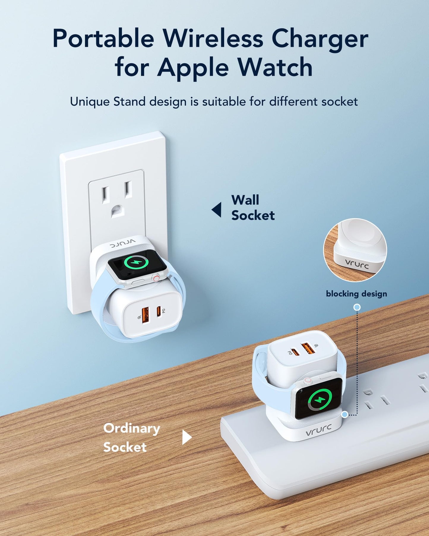 VRURC für Apple Watch-Ladegerät, PD 20 W 3-in-1-Schnellladeblock mit magnetischem kabellosem Laden und zwei Anschlüssen, faltbarer Stecker USB C-Wandladegerät für iPhone 15 14 13, Android, Tablets usw. - Schwarz 