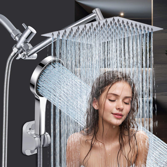 Pommeau de douche, pommeau de douche à effet pluie de 10 pouces avec jet portatif combiné, 3 jets d'eau portatifs avec tuyau de douche de 60 pouces de long (argent) 