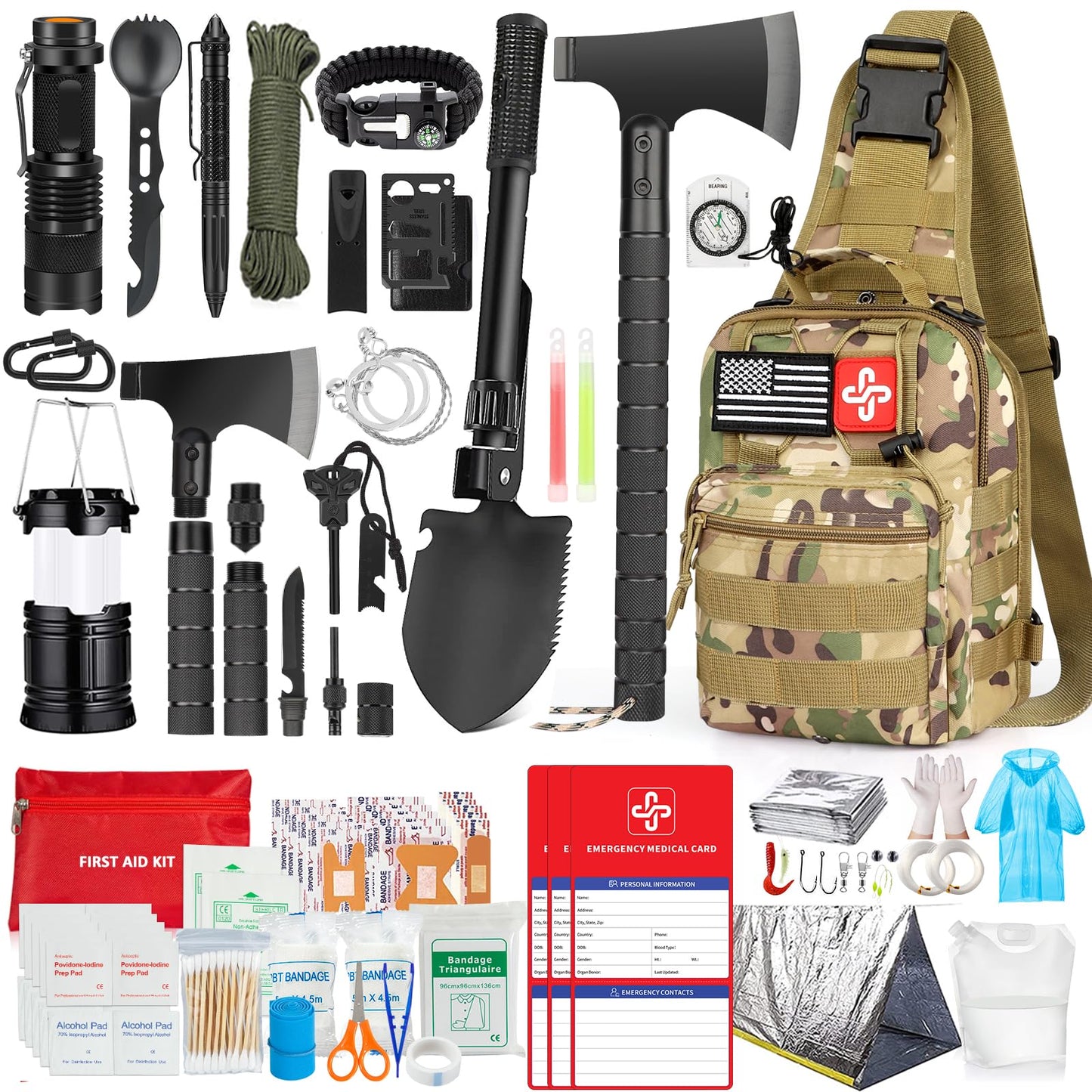 Survival-Kit, 262-teiliges Survival-Set und Zubehör mit Erste-Hilfe-Tasche und Umhängetasche, Notfall-Set mit Zelt, Camping-Axt, Hammer, Survival-Schaufel mit Spitzhacke, Bug-Out-Bag-Geschenke für Männer und Frauen 