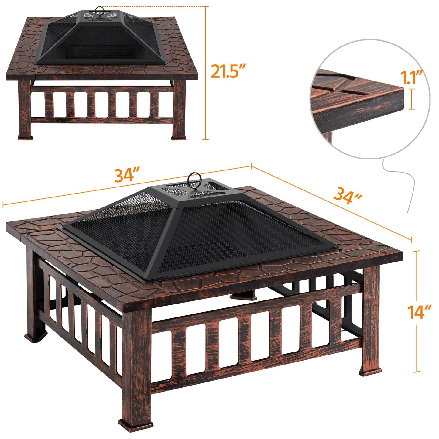 Yaheetech 32in Outdoor Firepit Square Table Backyard Patio Garden Stove Wood Burning Fire Pit with Spark Screen, Log Poker and Cover