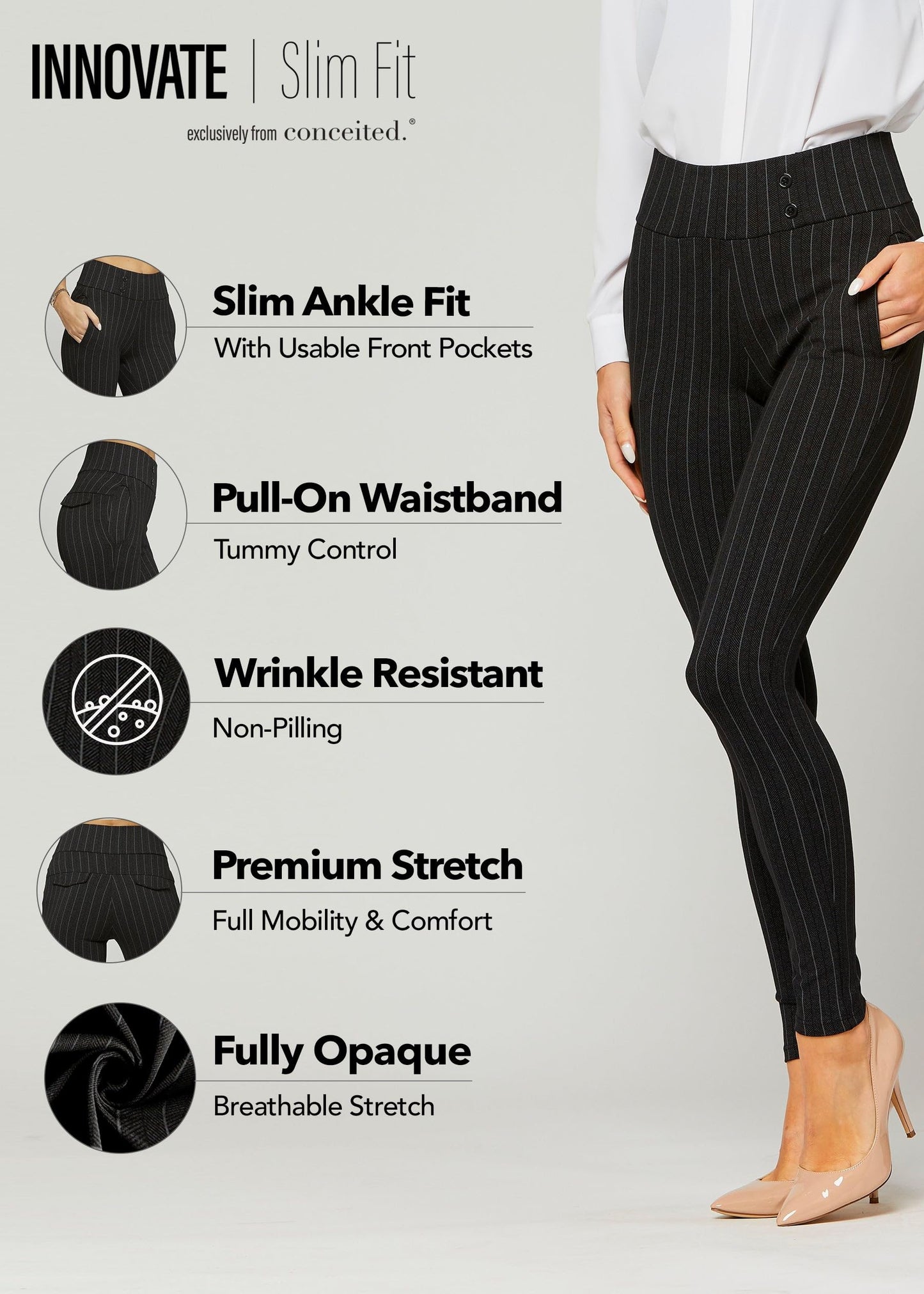 Conceited Dress Pants Women - Stretchy - Tummy Control - All Day Comfort Wear to Work - Womens Pants in Regular and Plus Size