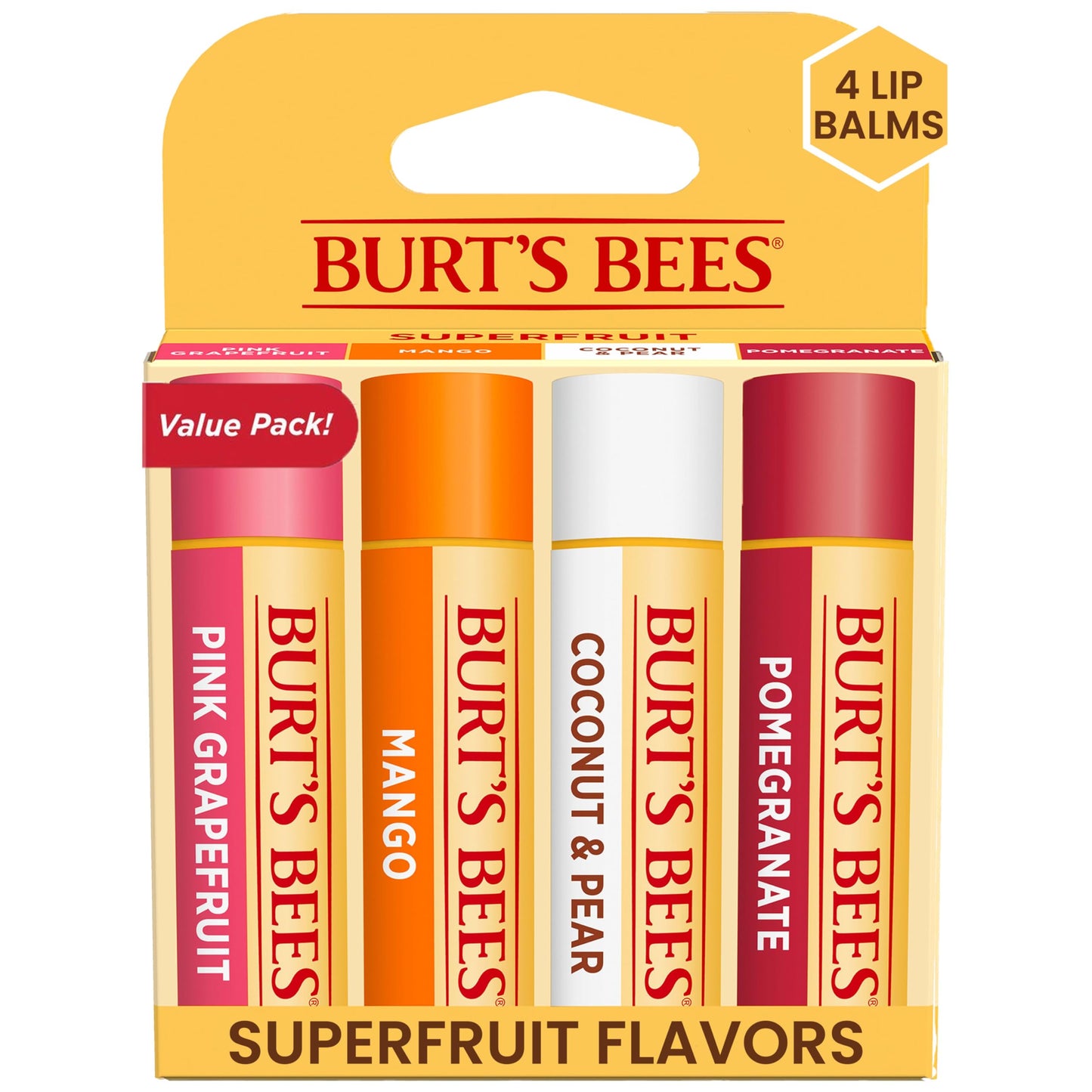 Lip Balm - Beeswax, Strawberry, Coconut and Pear, and Vanilla Bean, With Responsibly Sourced Beeswax, Tint-Free, Natural Origin Lip Treatment, 4 Tubes, 0.15 oz.