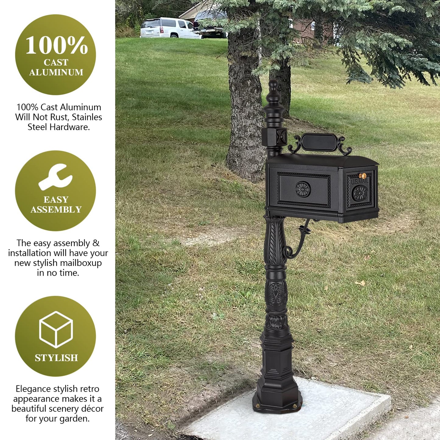 Polar Aurora Barcelona Decorative Post Mailbox Combination Stratford Heavy Duty Postal Mail Box Cast Aluminum(Bronze)