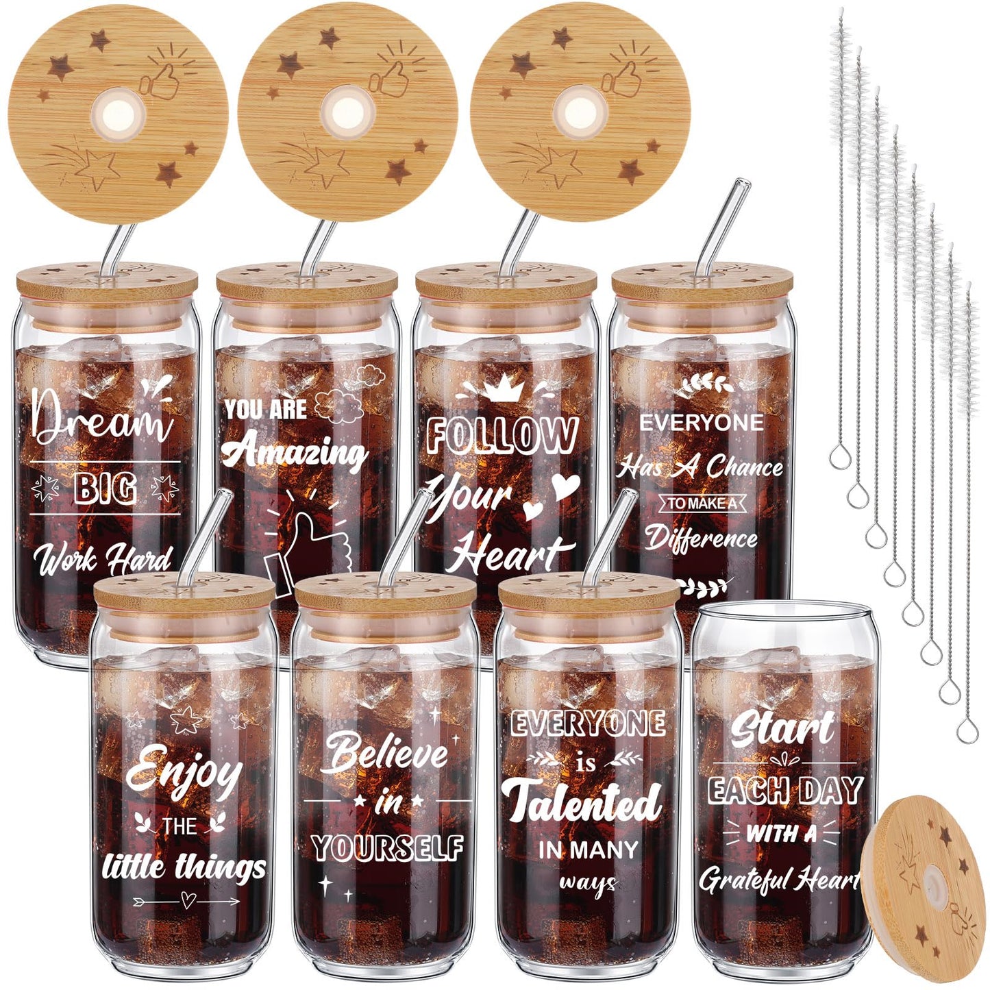 Tioncy 8 Pcs Team Gifts for Employees Thank You Gifts Teacher Staff Appreciation Gifts 16oz Can Shaped Beer Glass with Bamboo Lids Straws Brushes Drinking Glass Cups for Women Men Coworkers Member