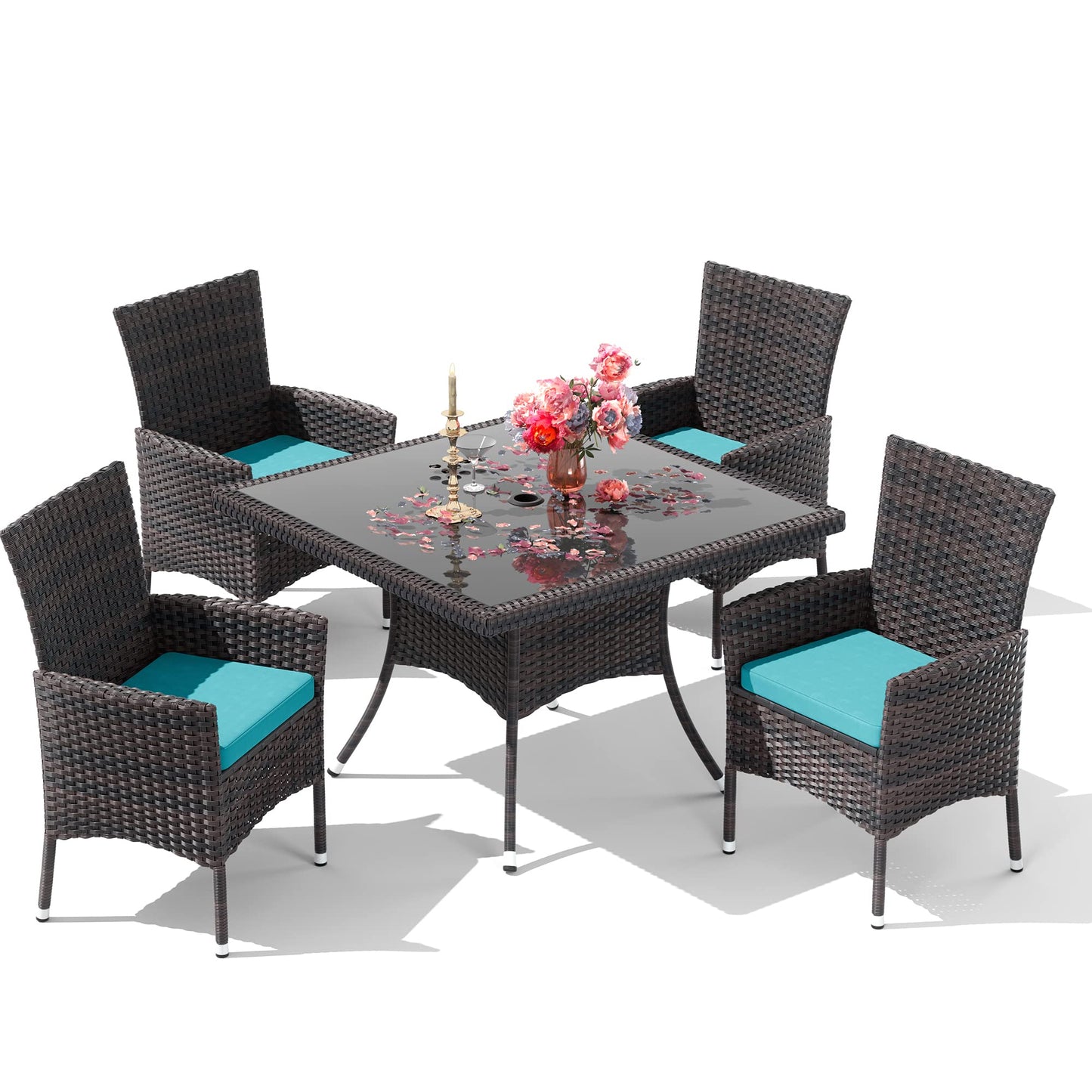 15 Pieces Patio Dining Set Outdoor Rattan Furniture Dinning Set with 3 Square Glass Tabletops 12 Chairs with Navy Blue Cushions for Patio, Backyard Outdoor Kitchen Lawn & Garden