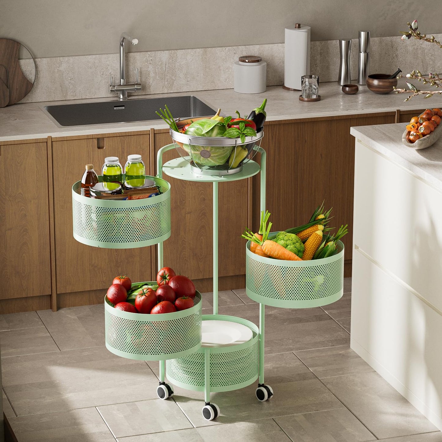 No Assembly Required Vegetable Storage Rack, 4-Tier Rotating Fruit Basket with Wheels, Heavy Duty Carbon Steel Kitchen Storage Cart