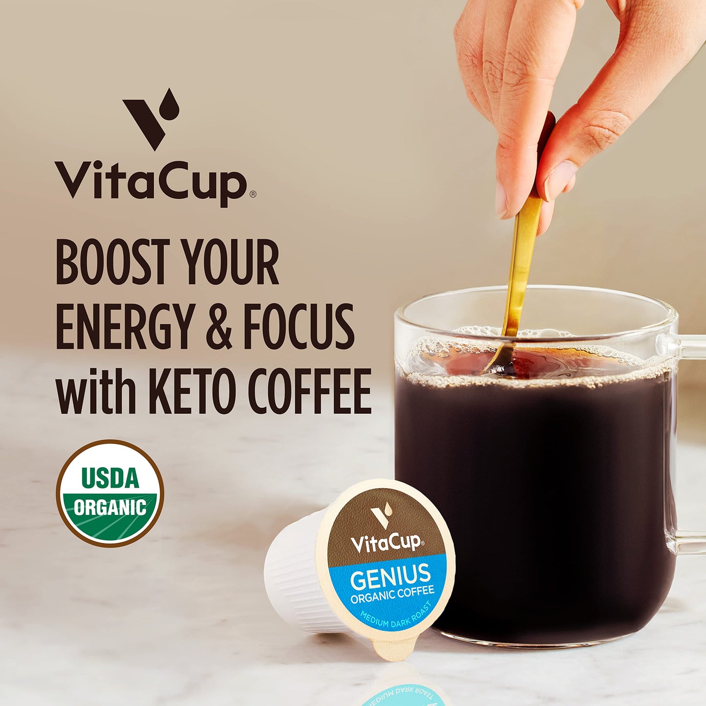 Capsules de café VitaCup Lightning, pour la mémoire et la concentration avec 2X de caféine, grains de café vert, vitamines B, D3, café torréfié foncé et fort, dosettes individuelles recyclables compatibles avec les cafetières Keurig K-Cup, 16 unités 