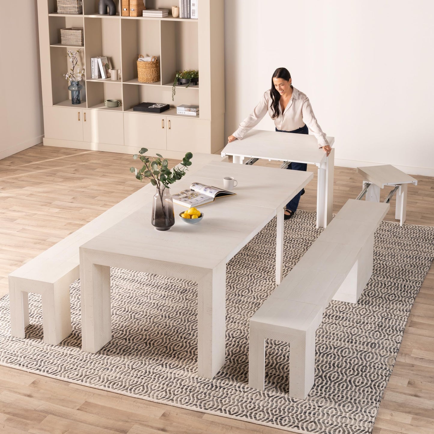 Transformer Table Dining Table Set for 4 to 12, Extendable Wood Dining Table with Expandable Bench, Small Space Furniture, Kitchen Table Set (Dark Grey, Table + Bench)