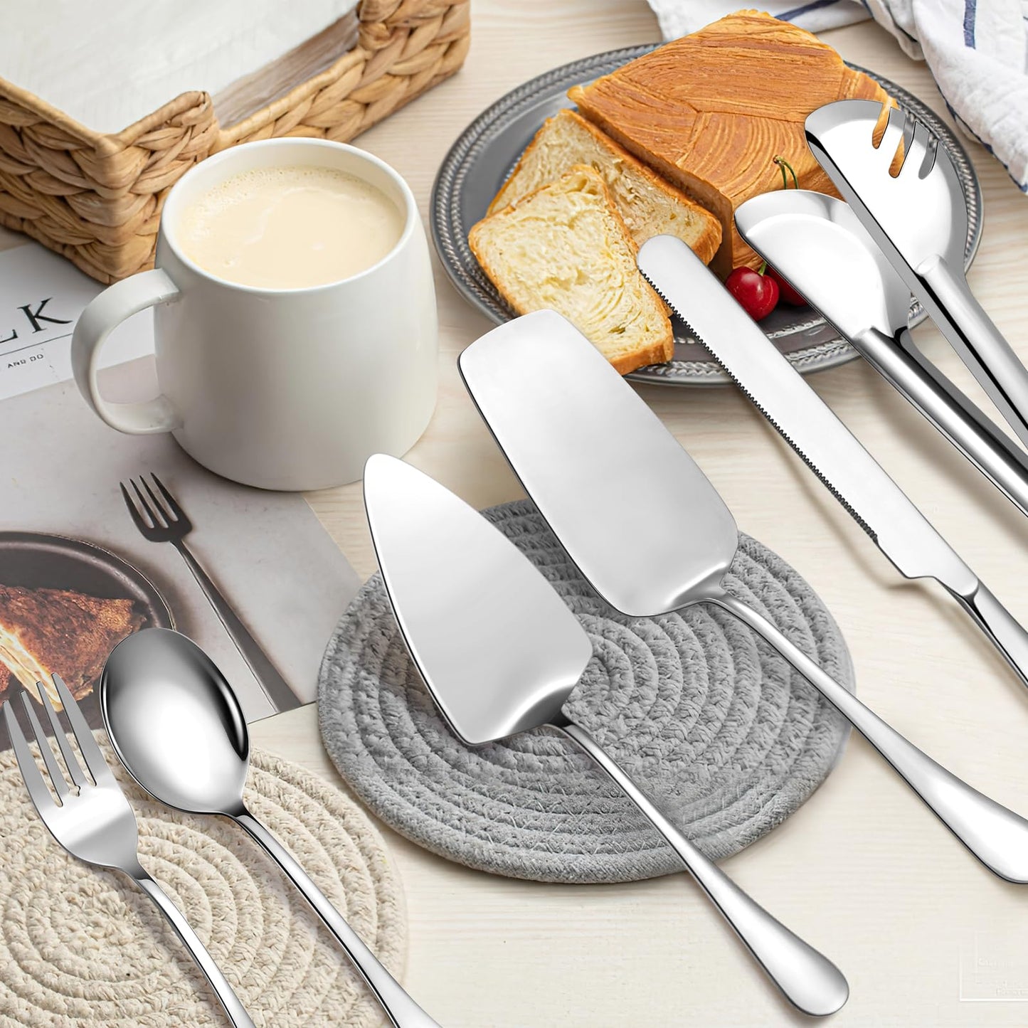 Large Stainless Steel Serving Utensils Set 15 Pcs with 10" Serving Spoon,10" Slotted Spoons,10" Serving Forks,9.5" Serving Tongs,Soup Ladle,Pie Server,Cake/Butter Knife for Buffet/Parties