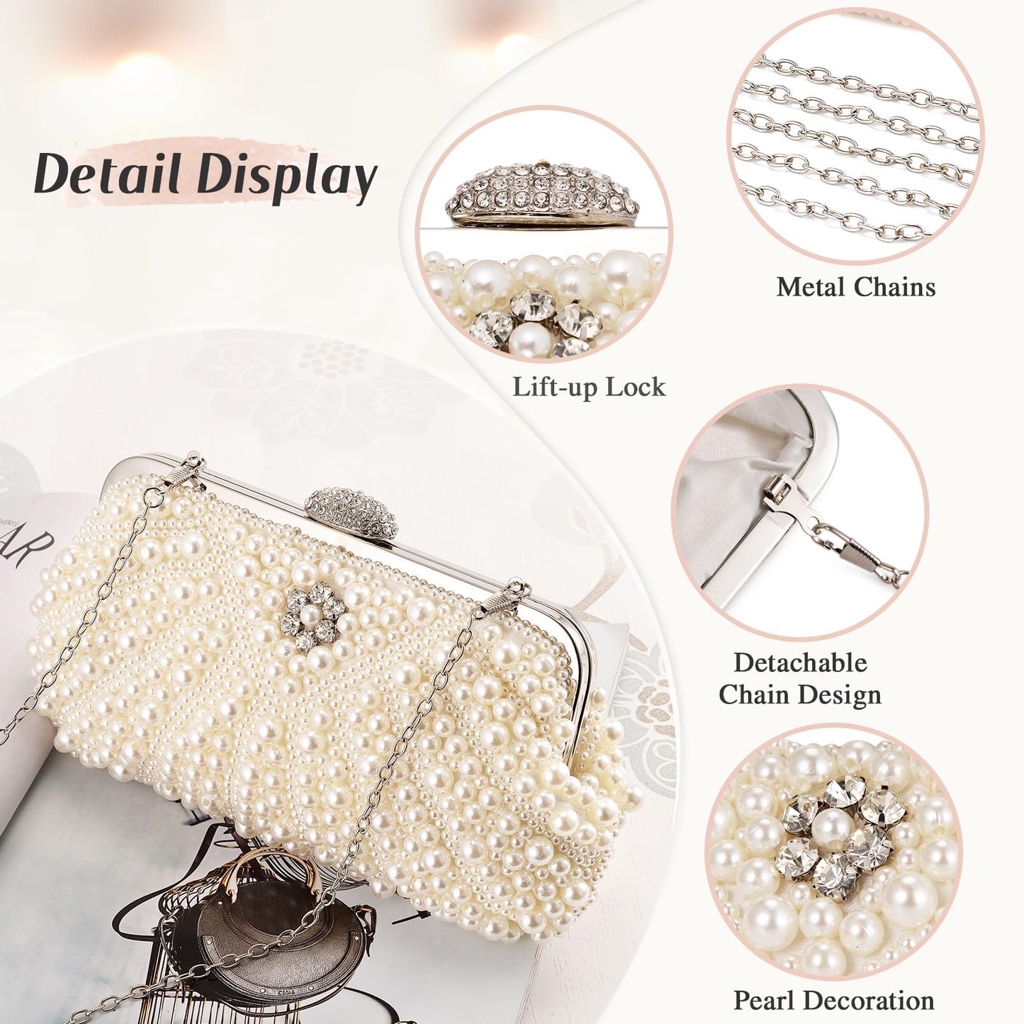 UBORSE Women Pearl Clutch Bag Noble Crystal Beaded Evening Bag Wedding Clutch with Pearl Chain