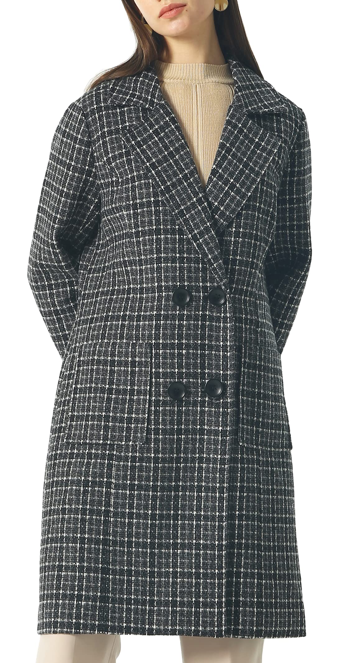 chouyatou Women Elegant Notched Collar Double Breasted Wool Blend Over Coat