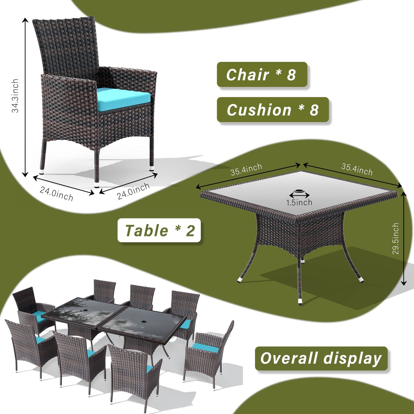 Ensemble de salle à manger de patio 15 pièces Meubles d'extérieur en rotin Ensemble de salle à manger avec 3 plateaux de table carrés en verre 12 chaises avec coussins bleu marine pour patio, arrière-cour, cuisine extérieure, pelouse et jardin 