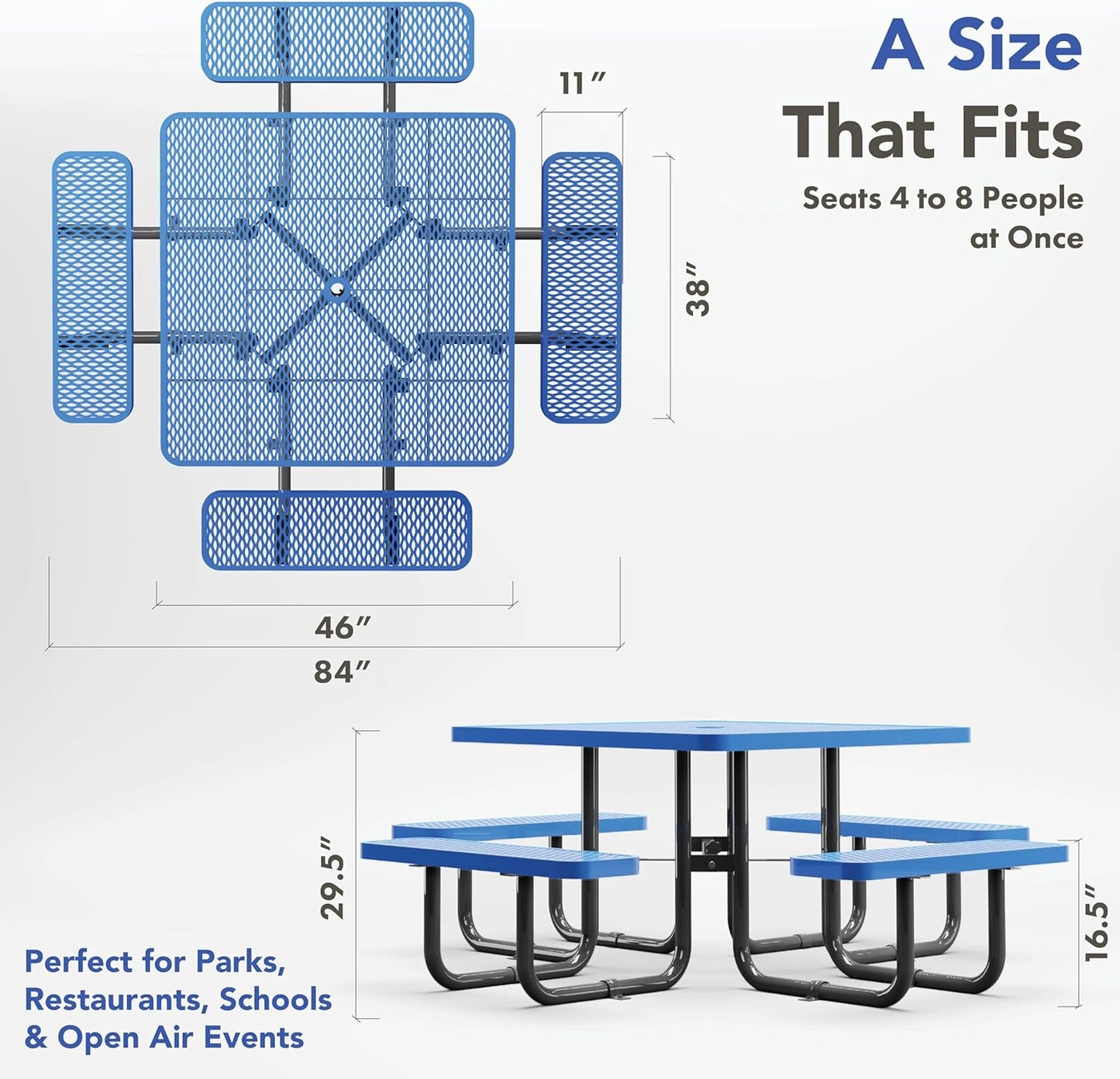 Tables de pique-nique en métal pour l'extérieur avec trou pour parasol - Table en acier revêtu de qualité commerciale robuste avec sièges réglables, 2 pieds supplémentaires, ensemble de meubles de patio à vie (46" carré, bleu) 