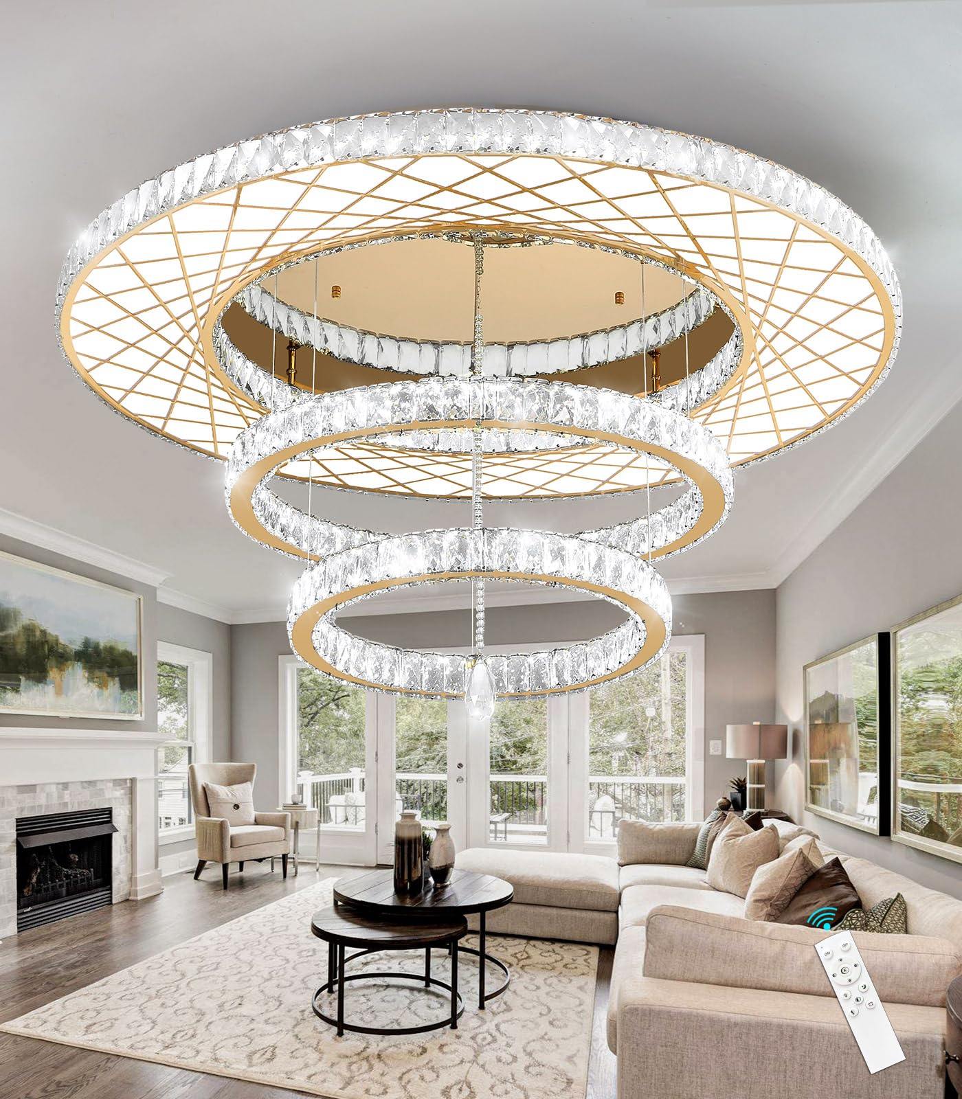 Modern Flush Ceiling Chandelier Bedroom Light Fixtures Crystal Flat Sloping Ceiling Lights for Hallway Kitchen Dining Room Dimmable Light with Remote Gold