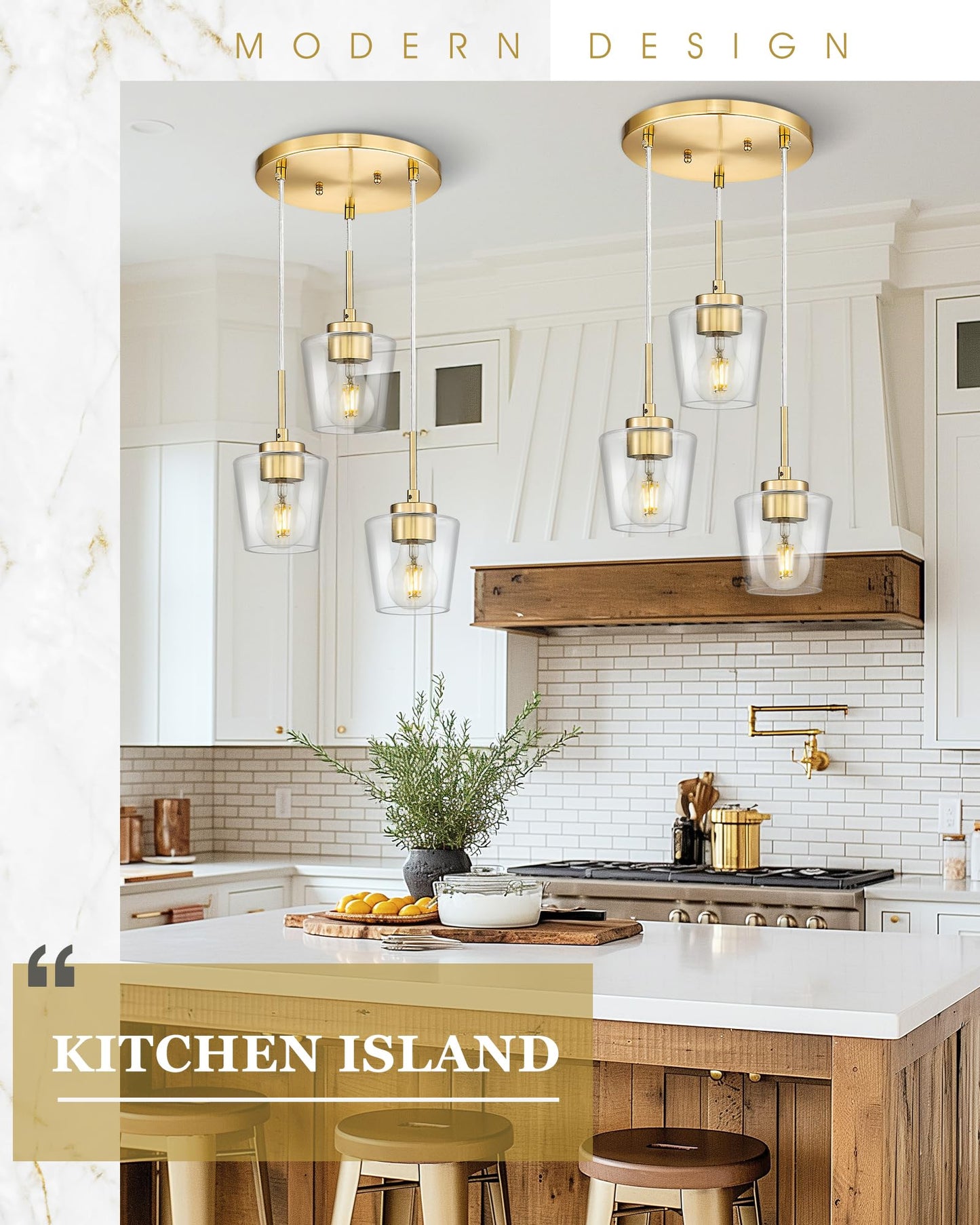 3-Light Pendant Light Fixtures, Brushed Gold Dining Room Light Fixture Over Table, Adjustable Kitchen Island Lighting with Milk White Glass, Farmhouse Hanging Light Fixture, AD-22004-3P-GD