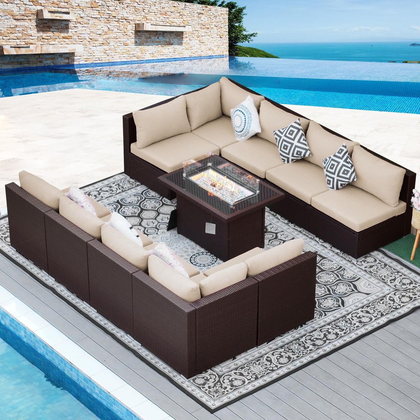 NICESOUL® 13-teiliges großes Luxus-Sofaset für die Terrasse mit Feuerstelle für Erdgas/Propan, 74 cm hohe Rückenlehne, Garten-Sitzgruppe, Gartensofa aus PE-Rattan, dunkelgrau 