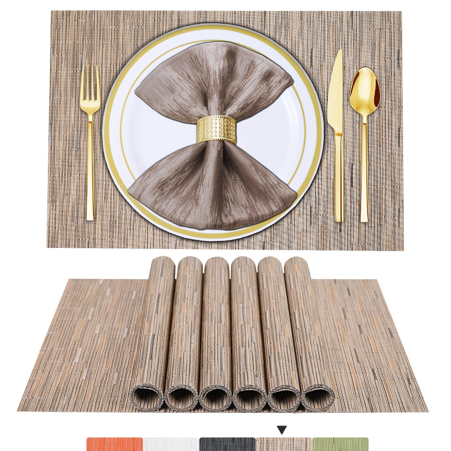 Lot de 6 sets de table en vinyle tissé pour table à manger, lavables et lavables, sets de table de cuisine durables pour intérieur et extérieur, 01 beige, 6 pièces 