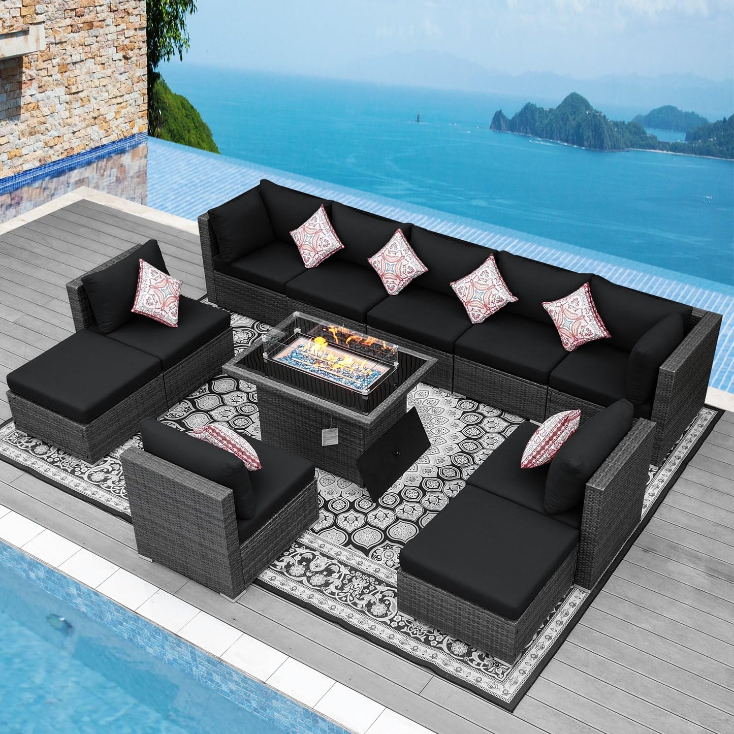 NICESOUL® 13-teiliges großes Luxus-Sofaset für die Terrasse mit Feuerstelle für Erdgas/Propan, 74 cm hohe Rückenlehne, Garten-Sitzgruppe, Gartensofa aus PE-Rattan, dunkelgrau 