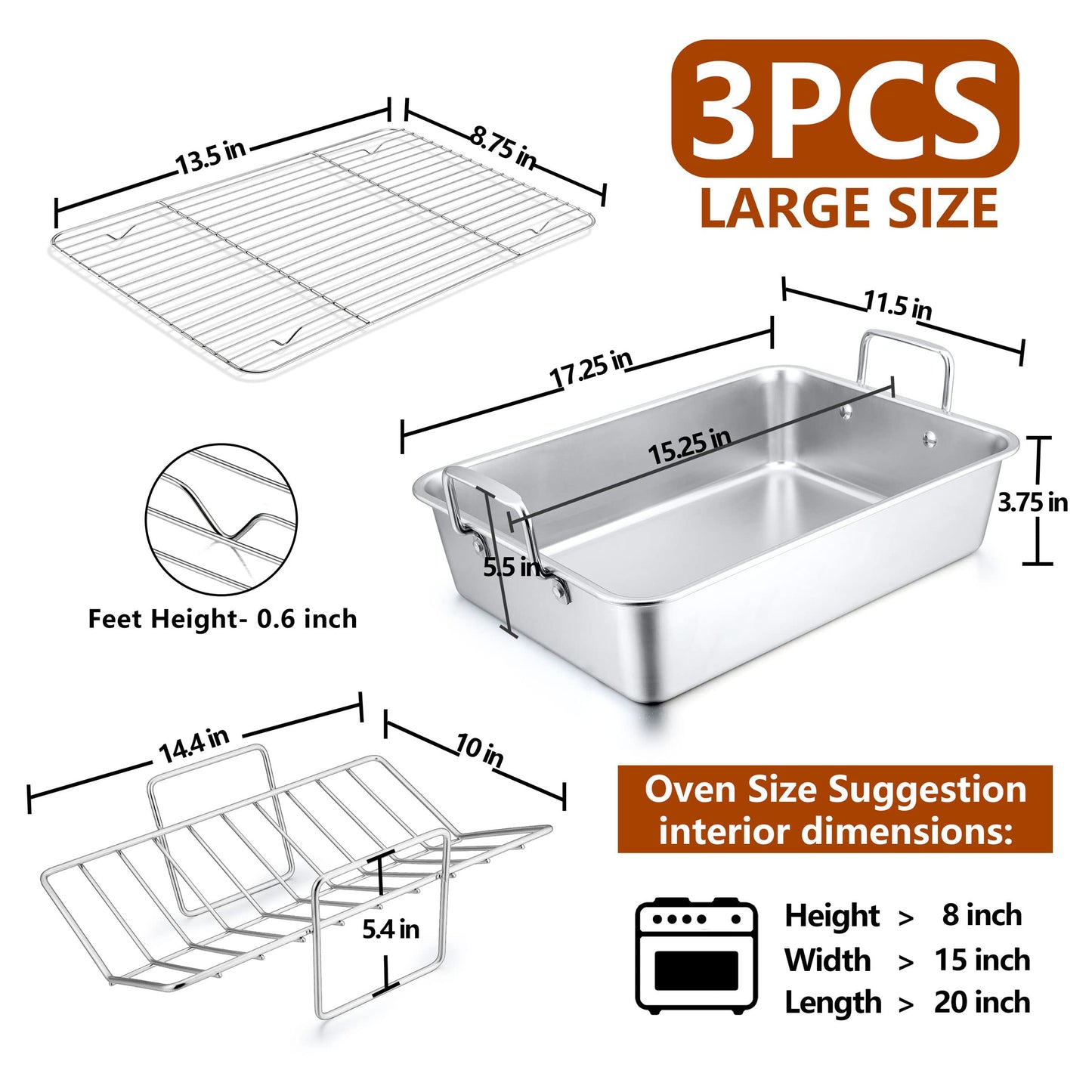 15.3 Inch Roasting Pan with Rack Set of 3(Deep Broiling Pan & V-shaped Rack & Flat Cooling Rack), Herogo Stainless Steel Turkey Roaster Pan for Thanksgiving Christmas, Dishwasher Safe