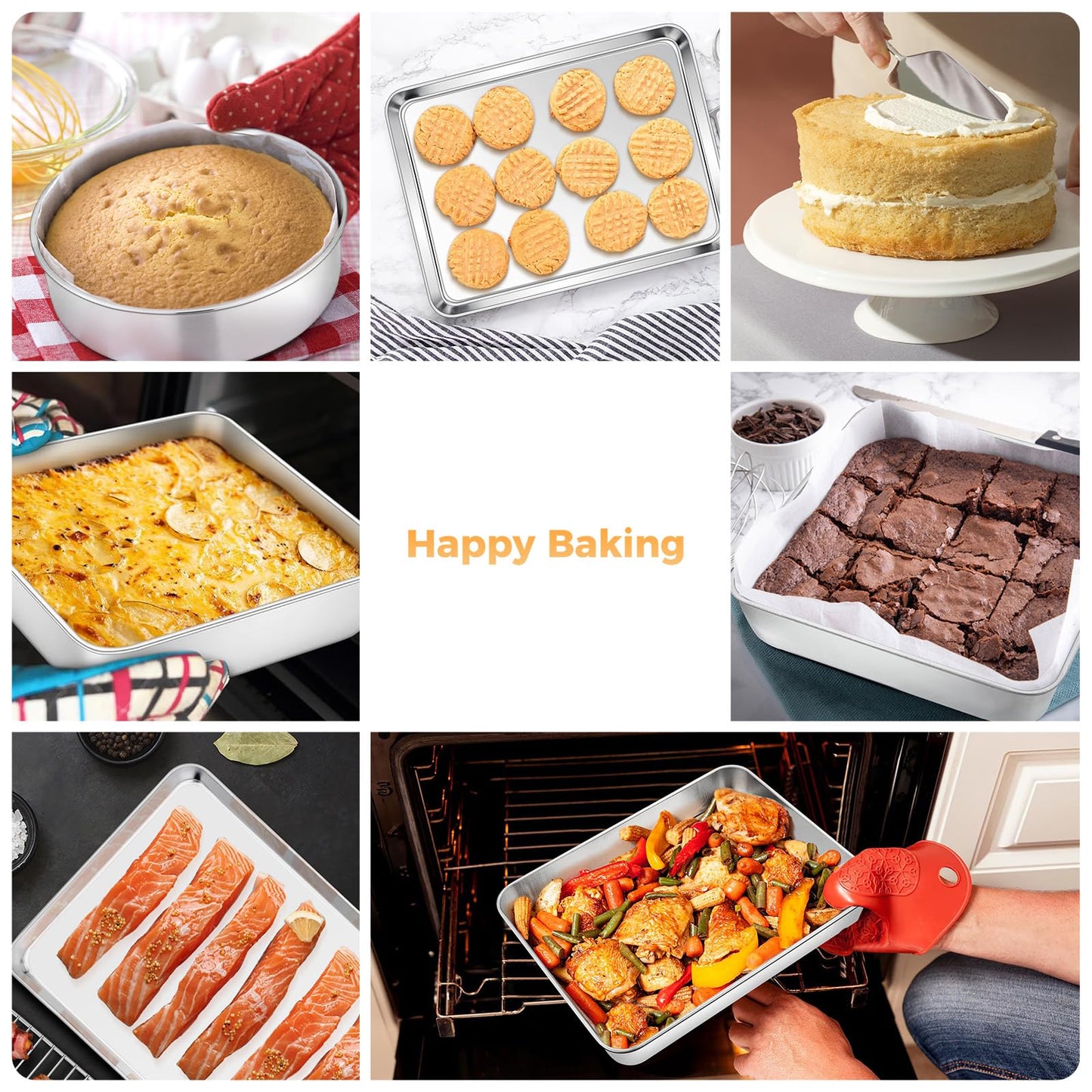 E-far Stainless Steel Baking Pan Set, 6-Piece Metal Bakeware Sets Include Cookie Sheet, Round Square Rectangle Cake Pans, Non-toxic & Dishwasher Safe