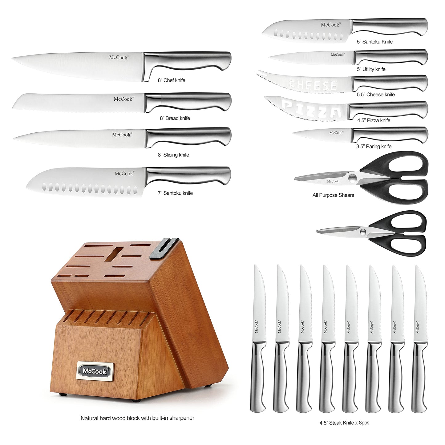 McCook® Knife Sets, Golden Titanium Stainless Steel Kitchen Knife Block Sets with Built-in Sharpener