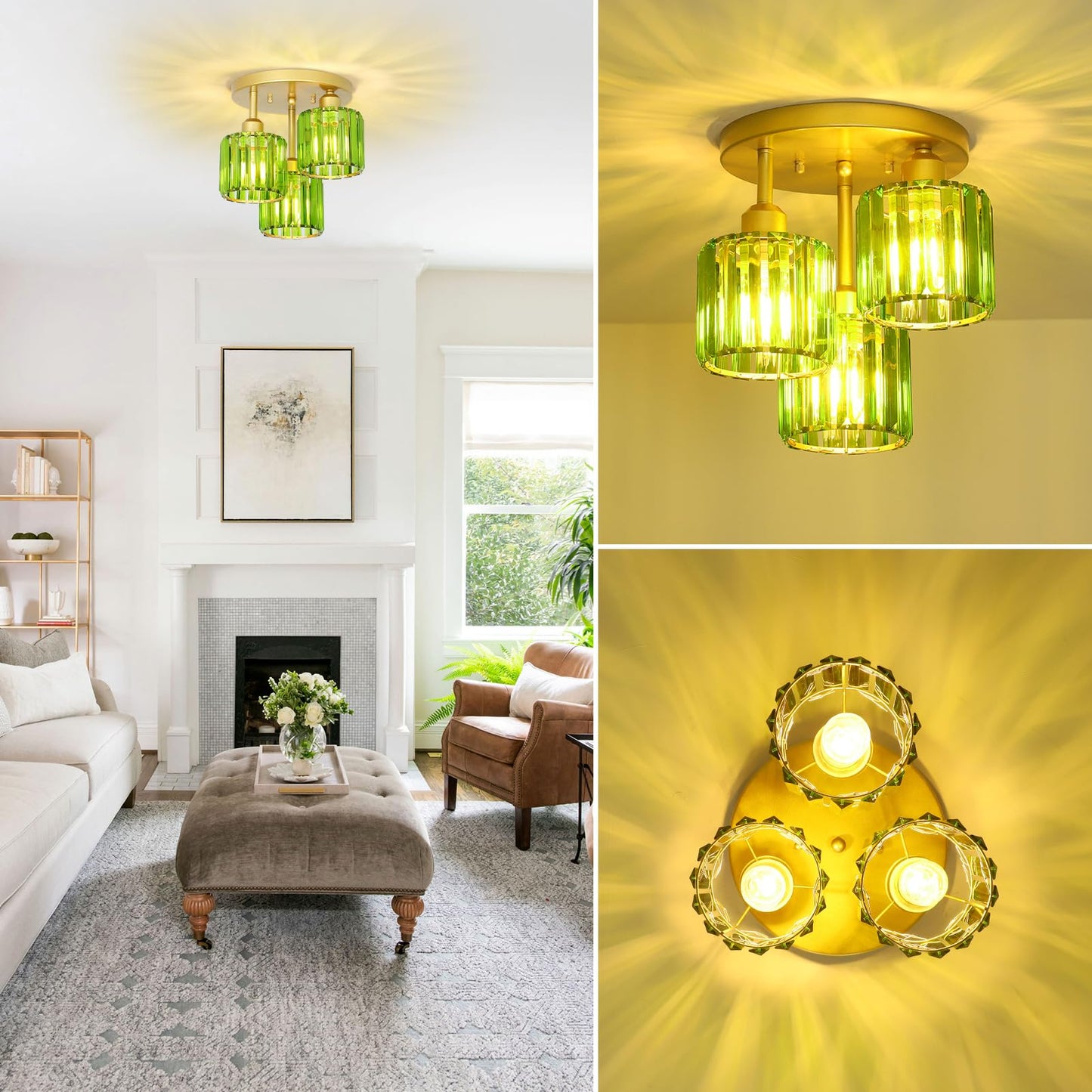 3-Light Crystal Semi Flush Mount Ceiling Light | Black Modern Fixture for Kitchen, Hallway & Bedroom