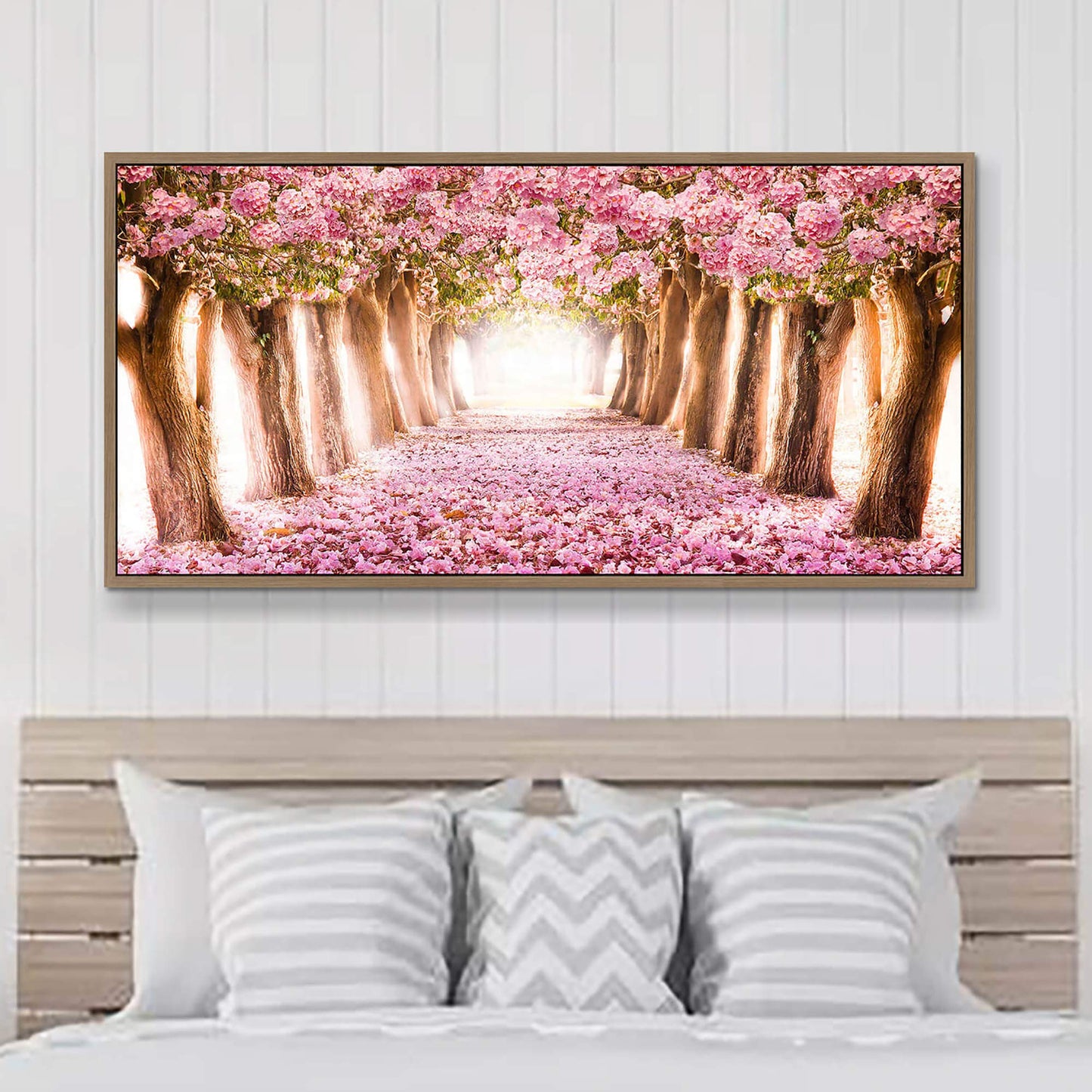 UTOP-art Tableau mural avec fleurs roses : paysage forestier, arbre, chemin, peinture sur toile enveloppée pour salon (36'' x 24'' x 1 panneau) 